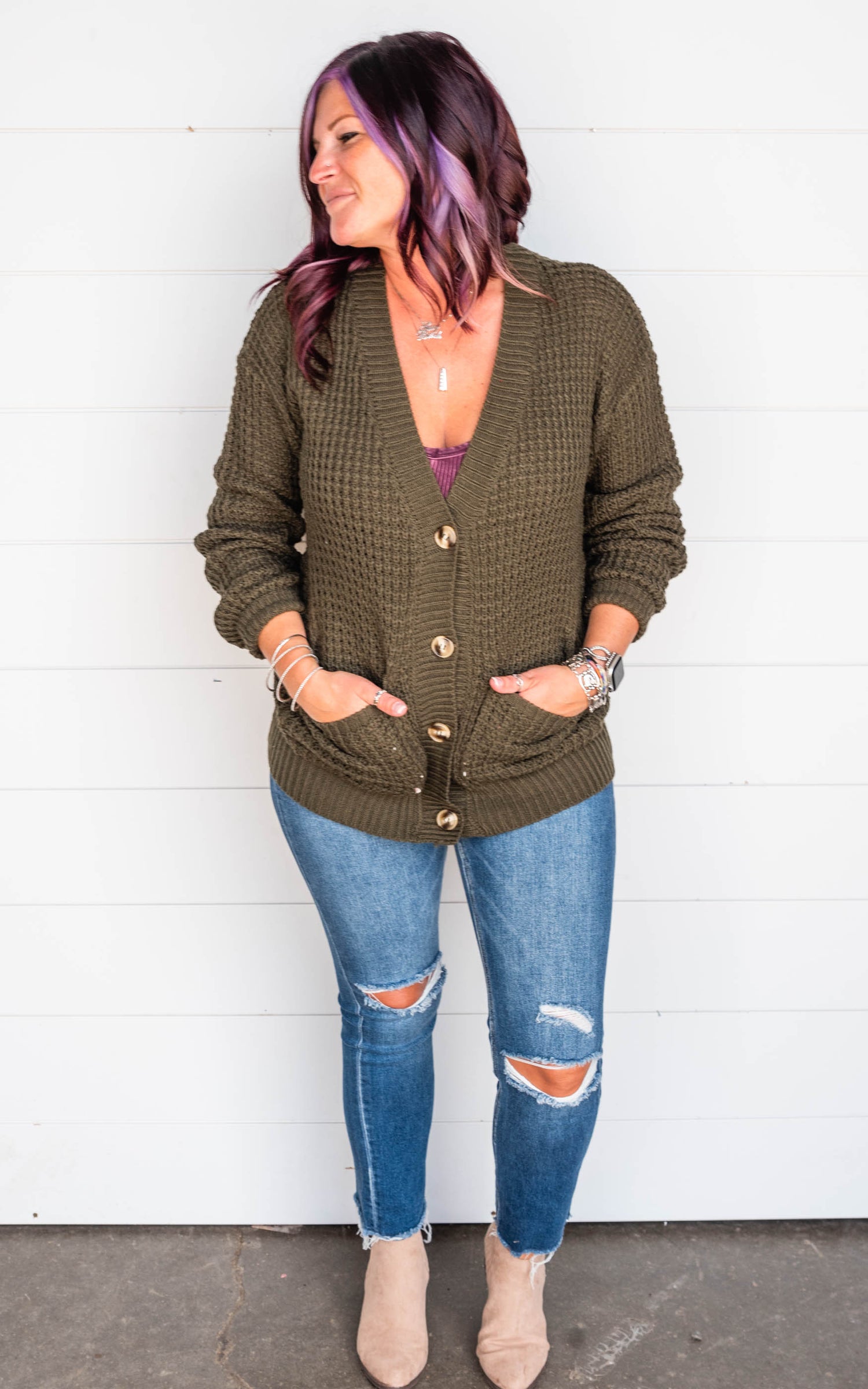 button up waffle cardigan
