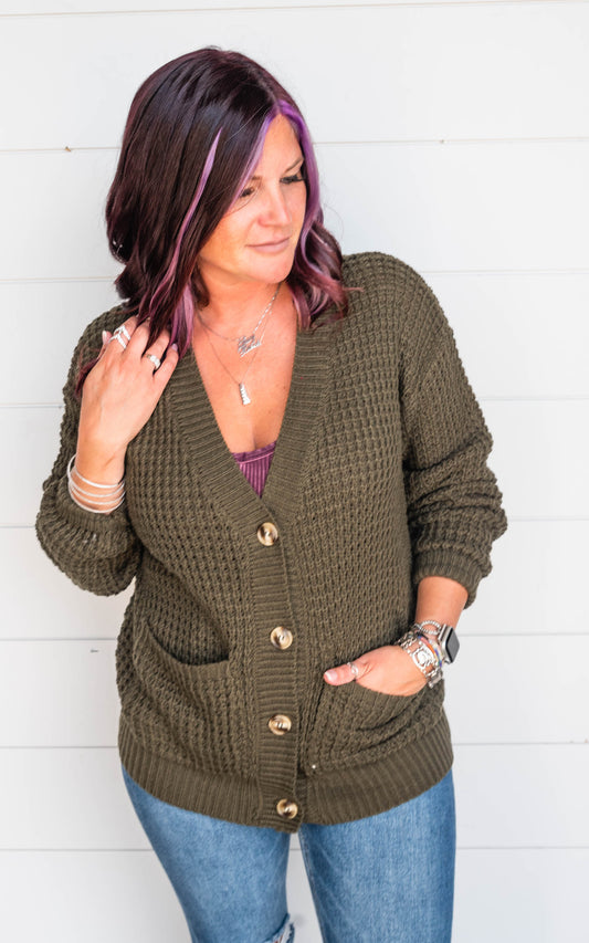 olive waffle cardigan