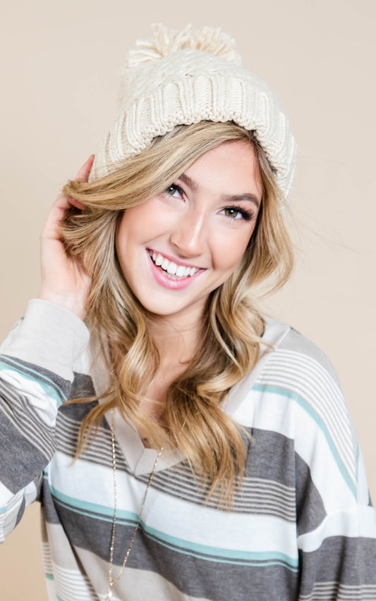Crochet Knit Pom Pom Beanie, CLOTHING, Fame Accessories, BAD HABIT BOUTIQUE