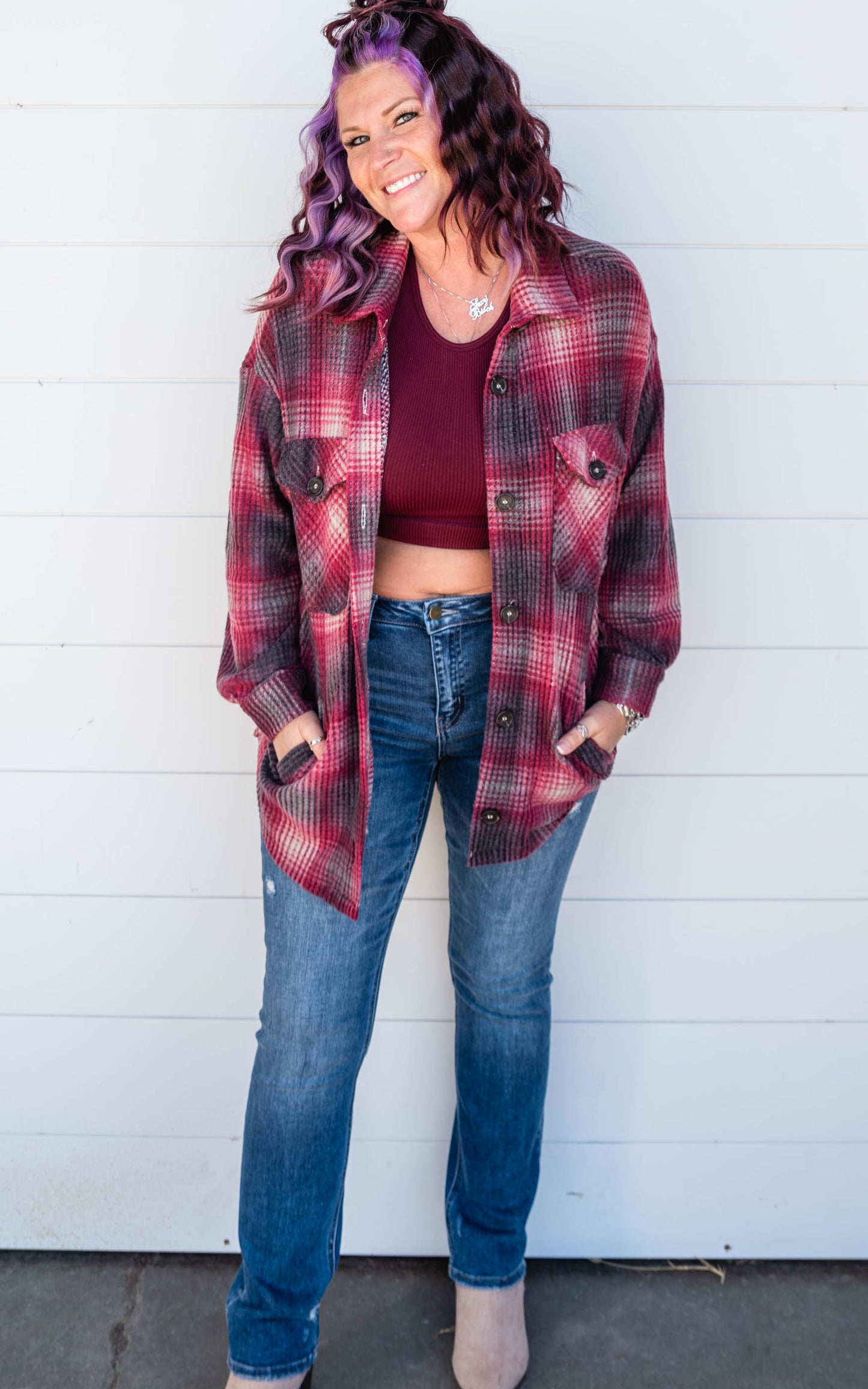 burgundy plaid top