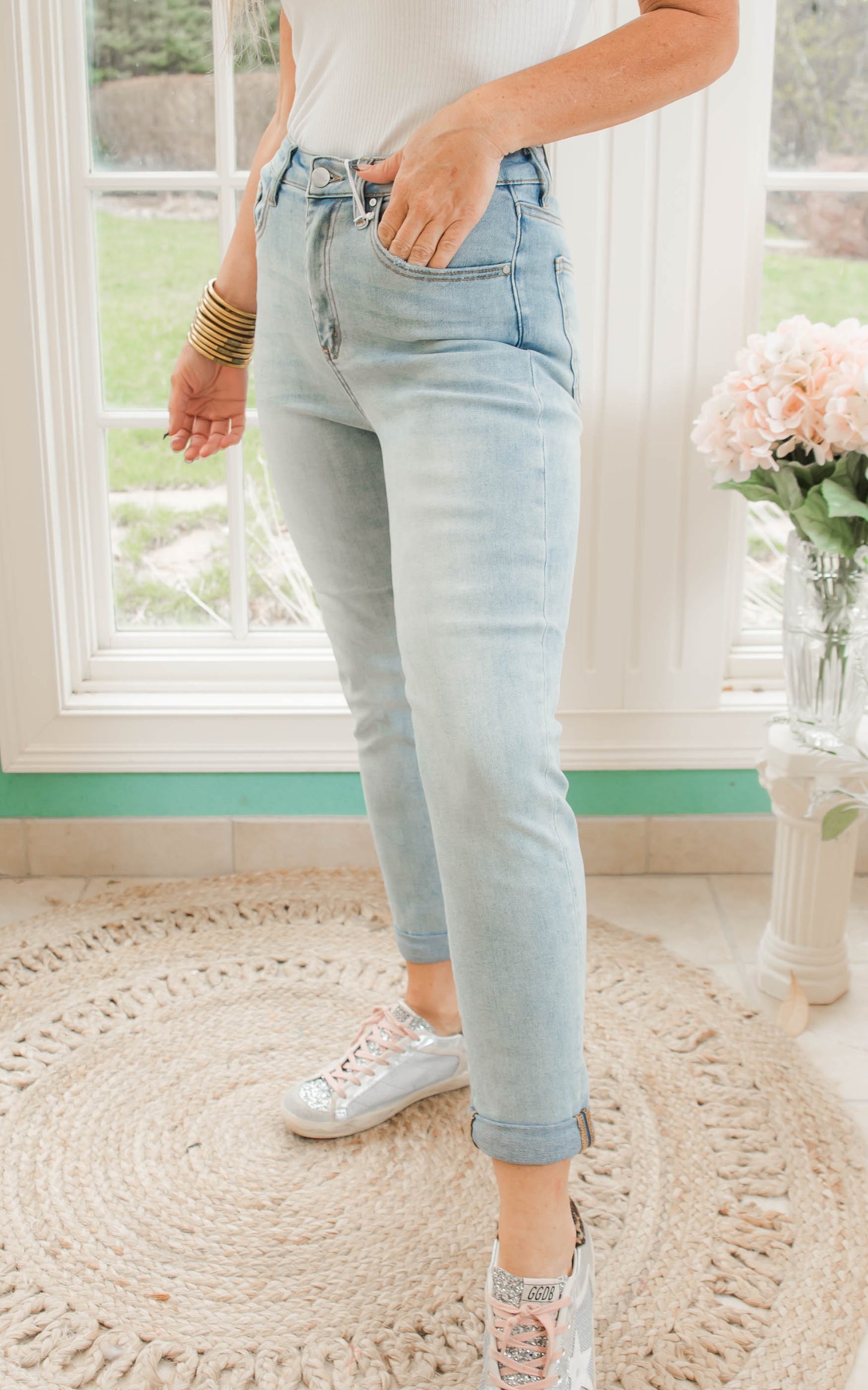 High Rise Rolled Up Girlfriend Jeans | Risen