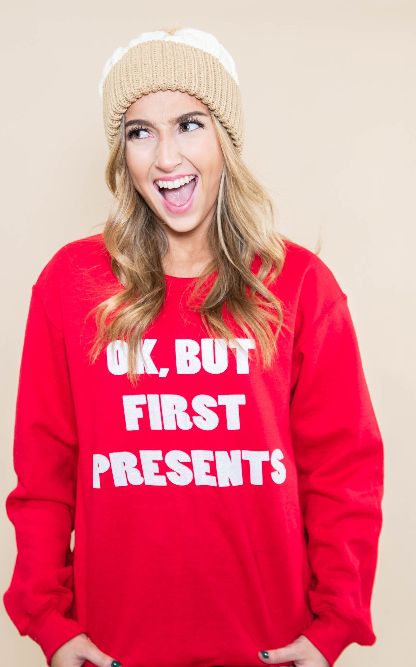 30 DAYS 30 DEALS:  OK, But First Presents Sweatshirt - Red, CLOTHING, BAD HABIT APPAREL, BAD HABIT BOUTIQUE