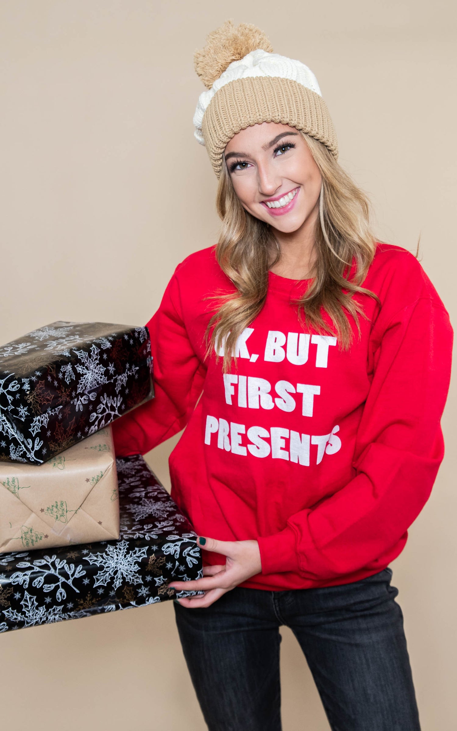 30 DAYS 30 DEALS:  OK, But First Presents Sweatshirt - Red, CLOTHING, BAD HABIT APPAREL, BAD HABIT BOUTIQUE