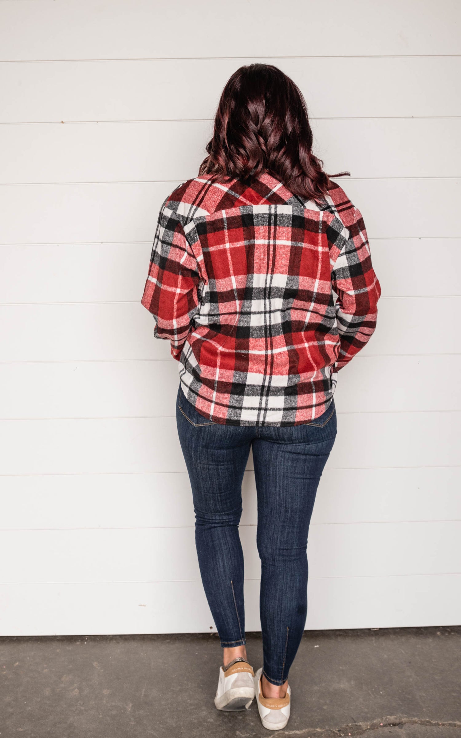 red plaid top