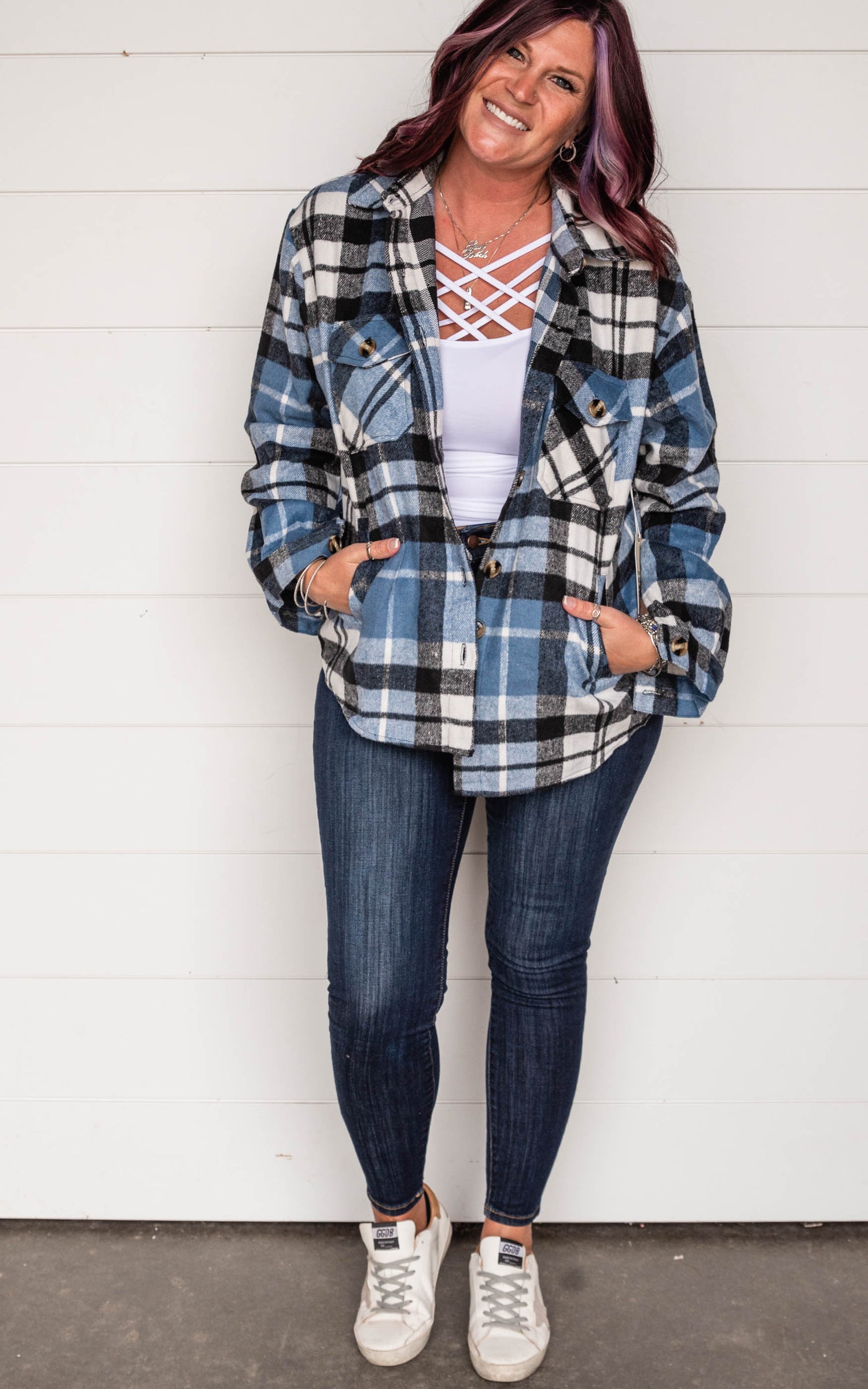 carolina blue plaid top