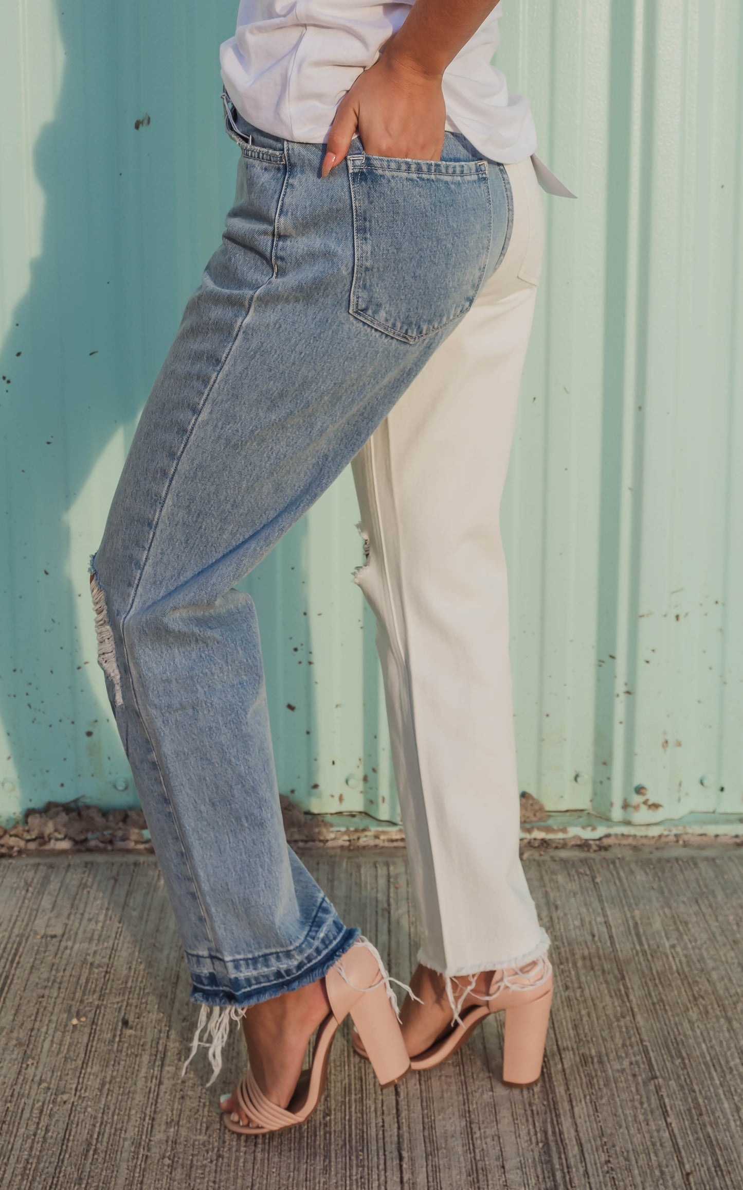 frayed edge high rise denim