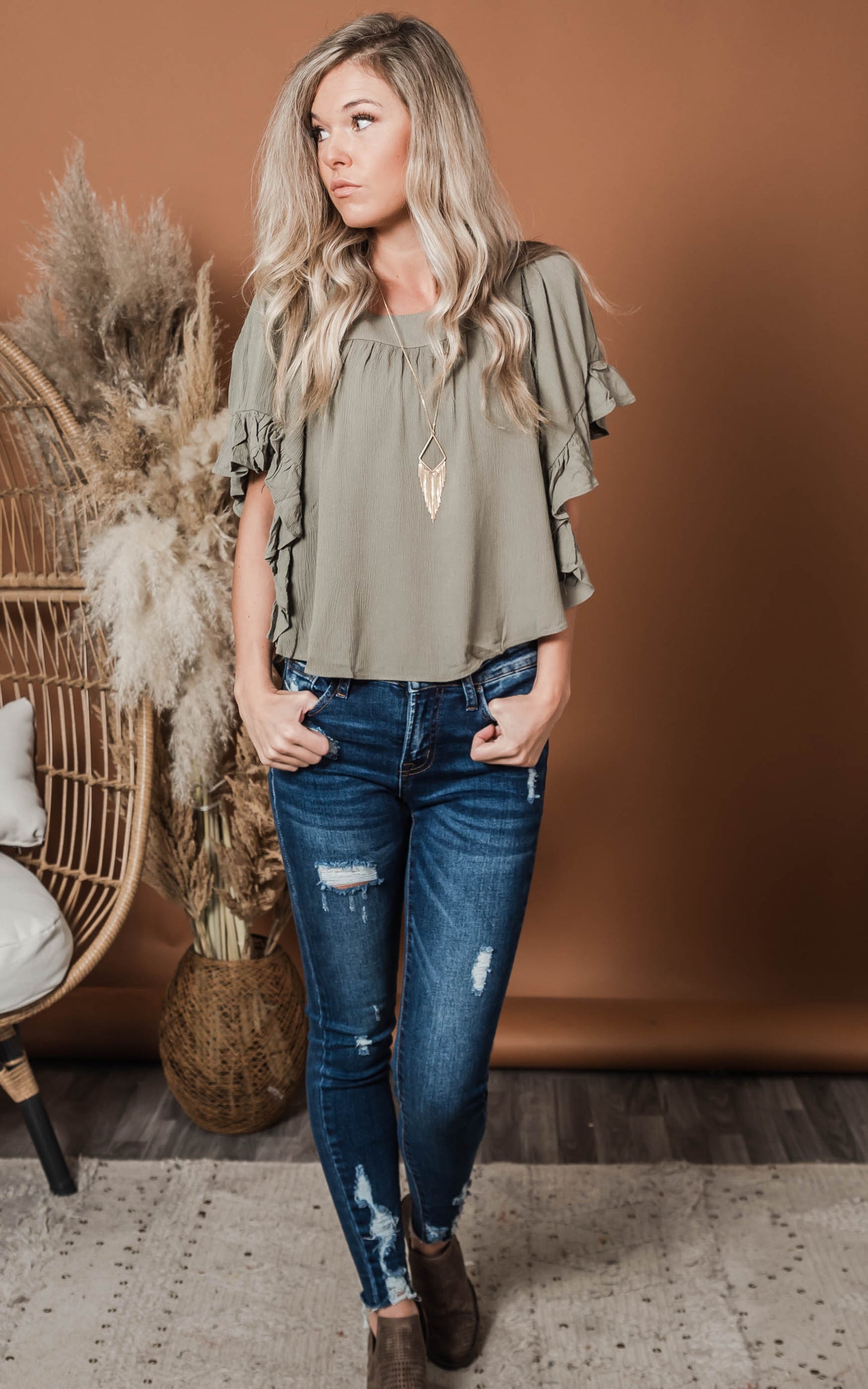 olive short sleeve babydoll top