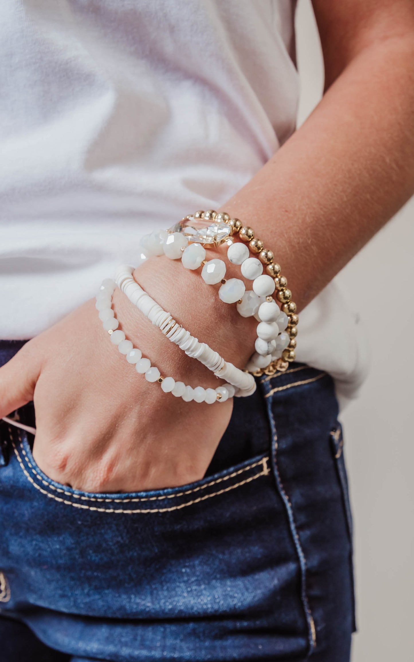 white stackable beaded bracelet