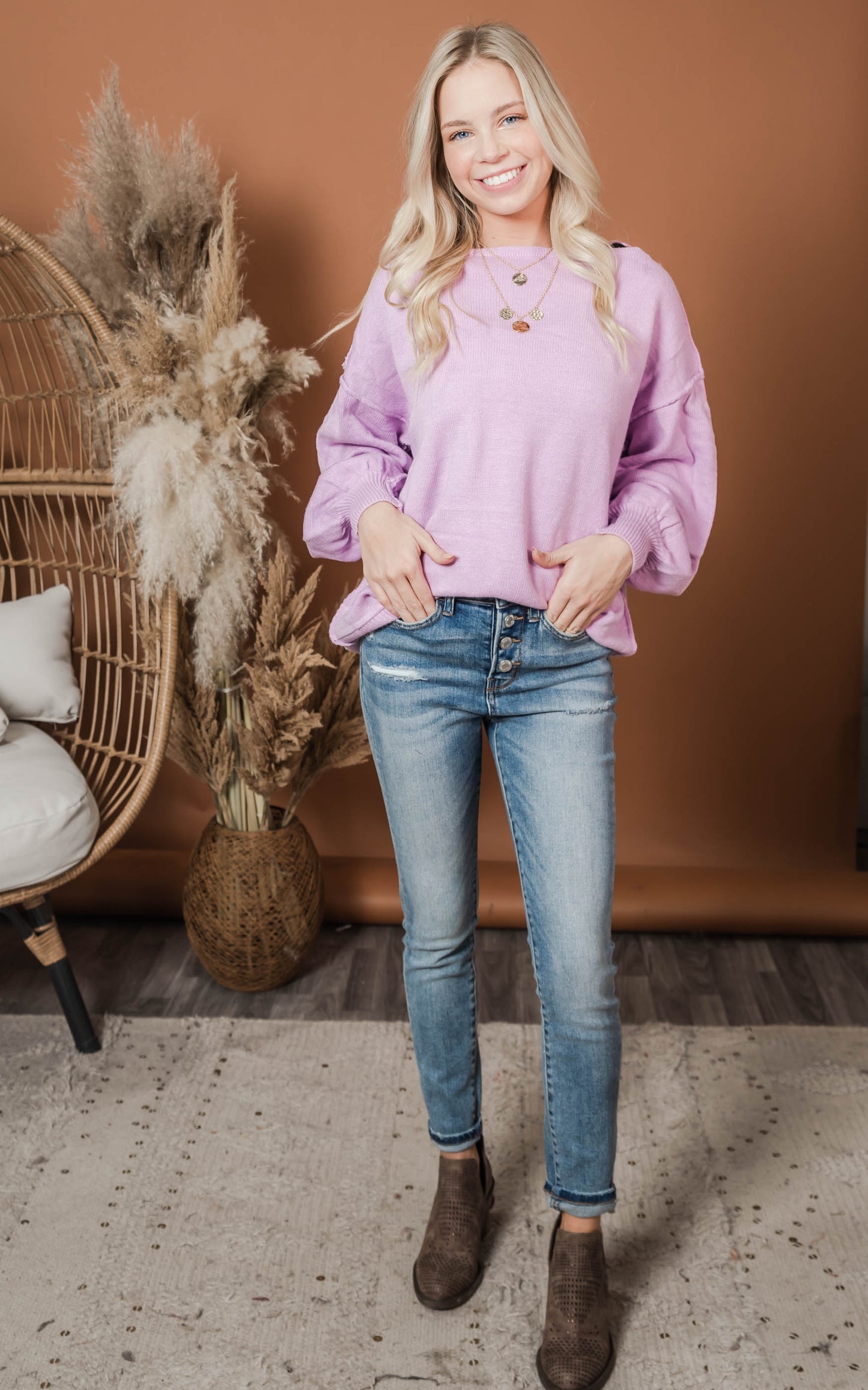 lilac bubble sleeve sweater