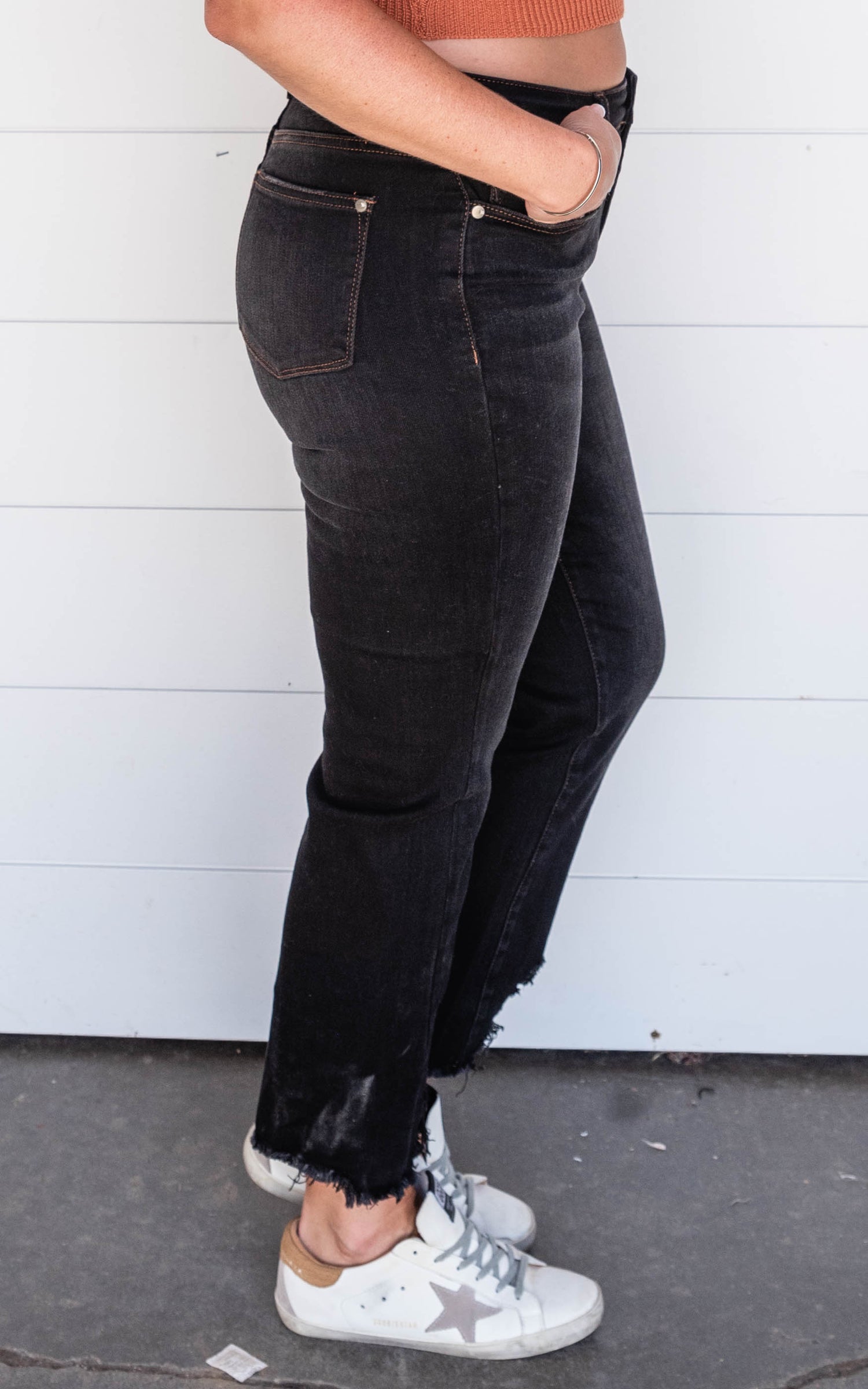 high rise black denim