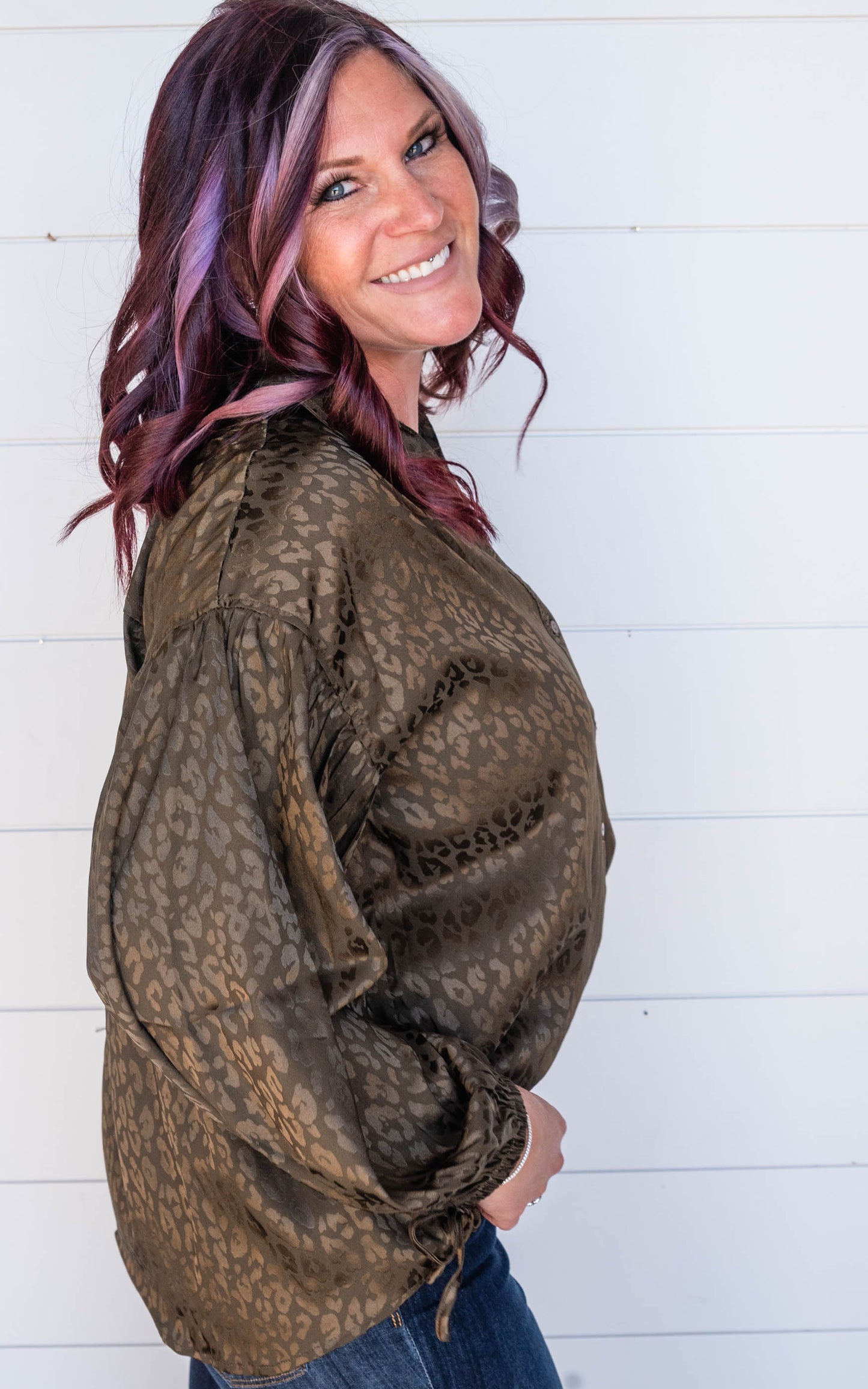 leopard silk button down top