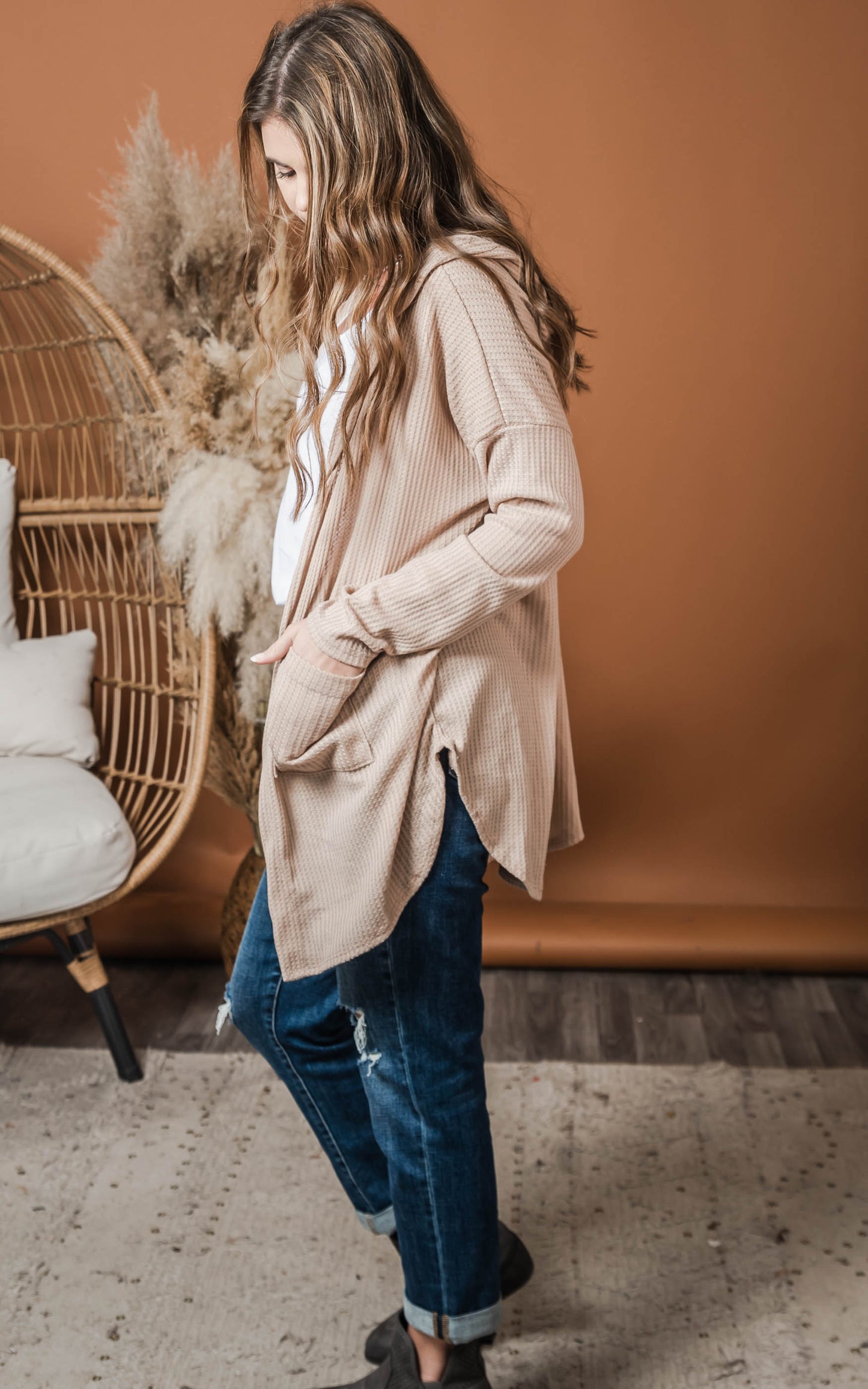 waffle knit cardigan with pockets