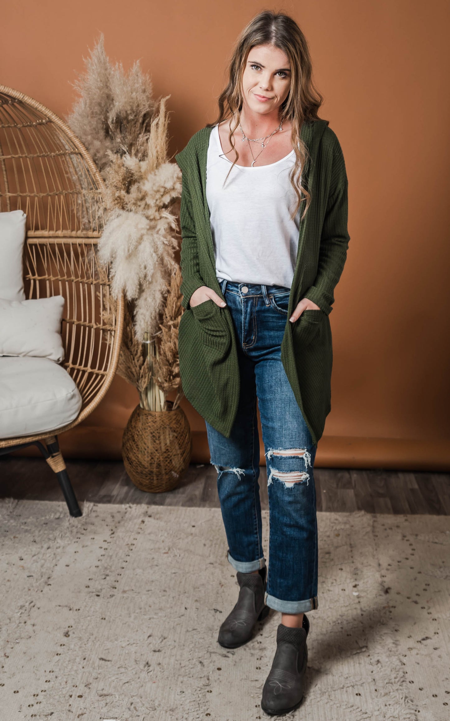olive green waffle knit cardigan