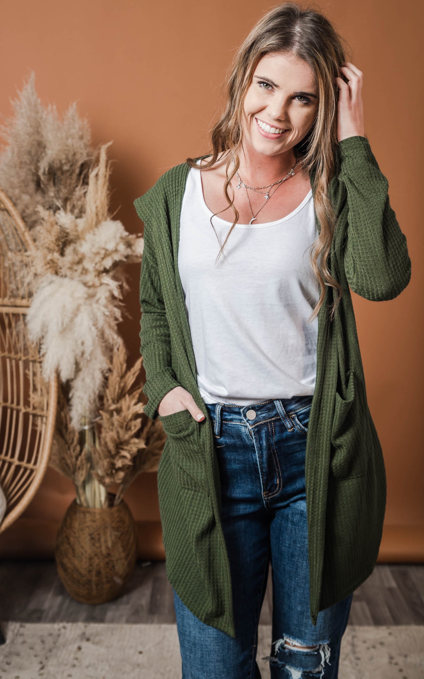 olive green hooded cardigan