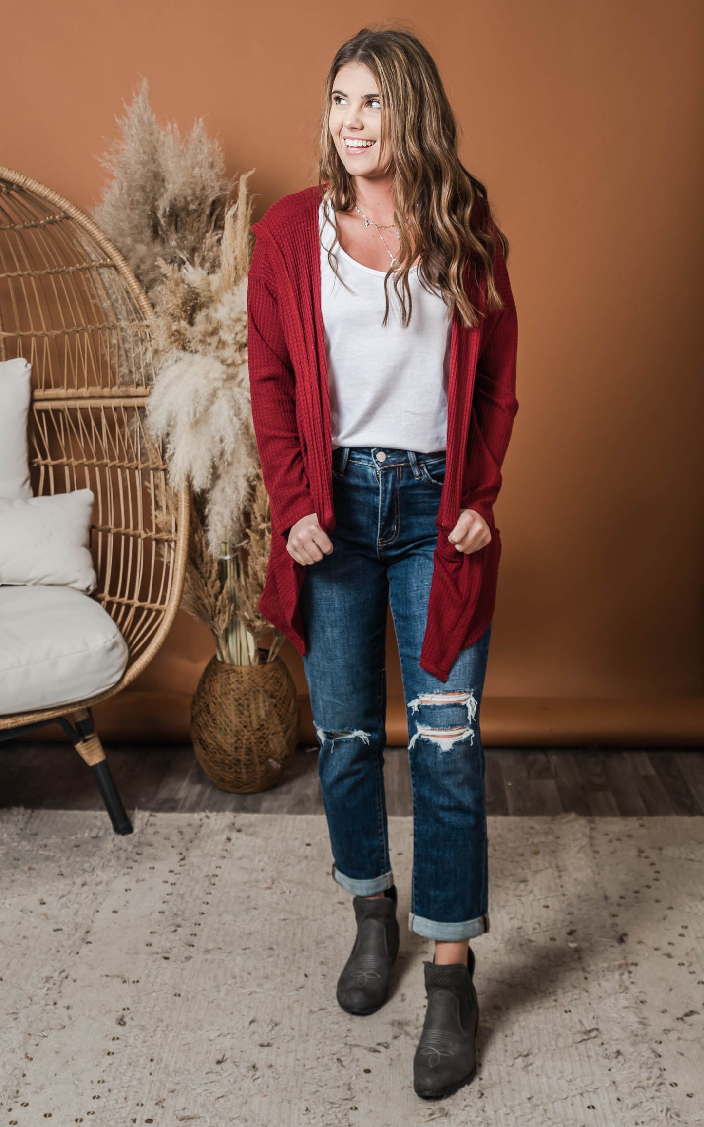 burgundy waffle hooded cardigan