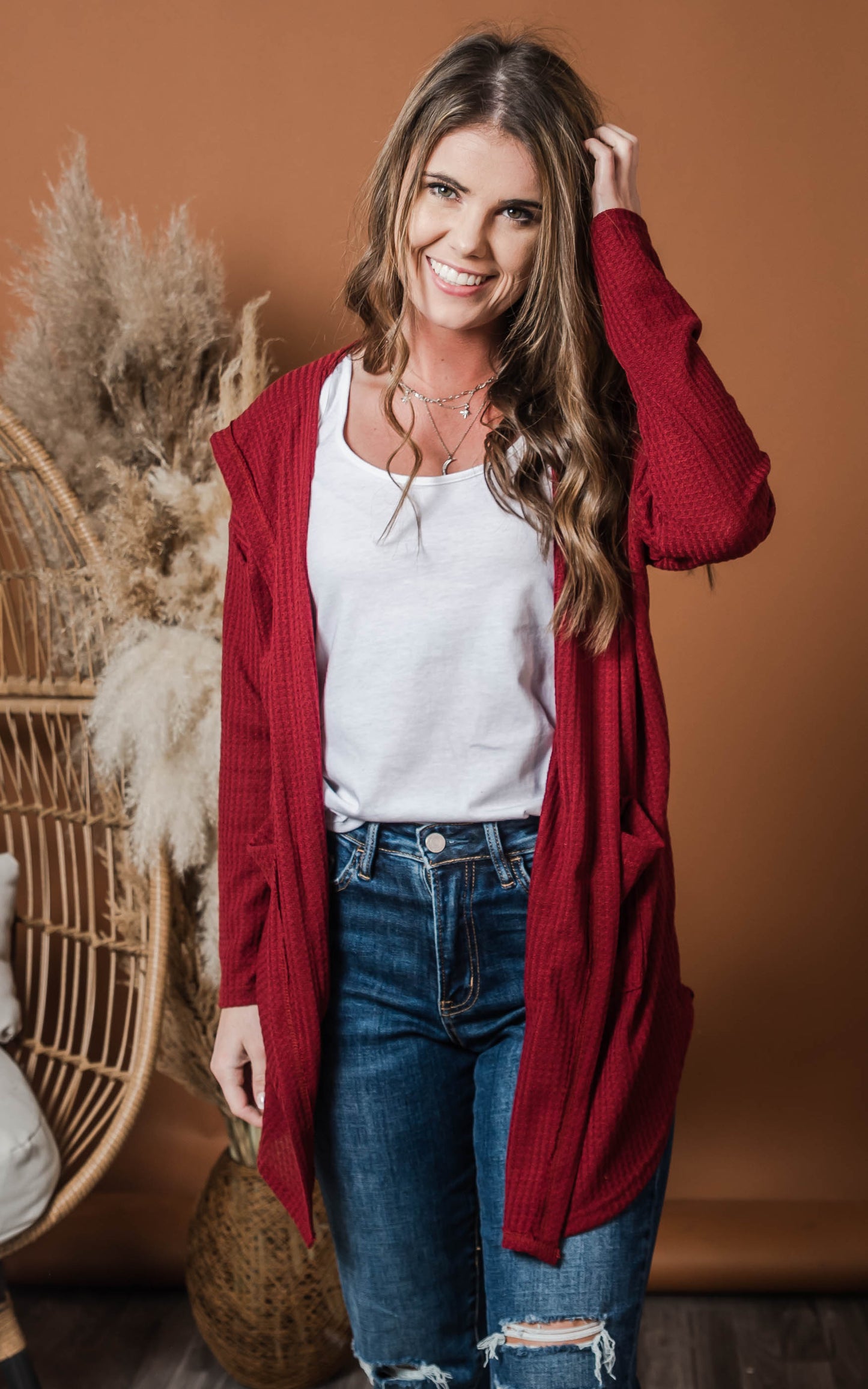 solid waffle knit cardigan