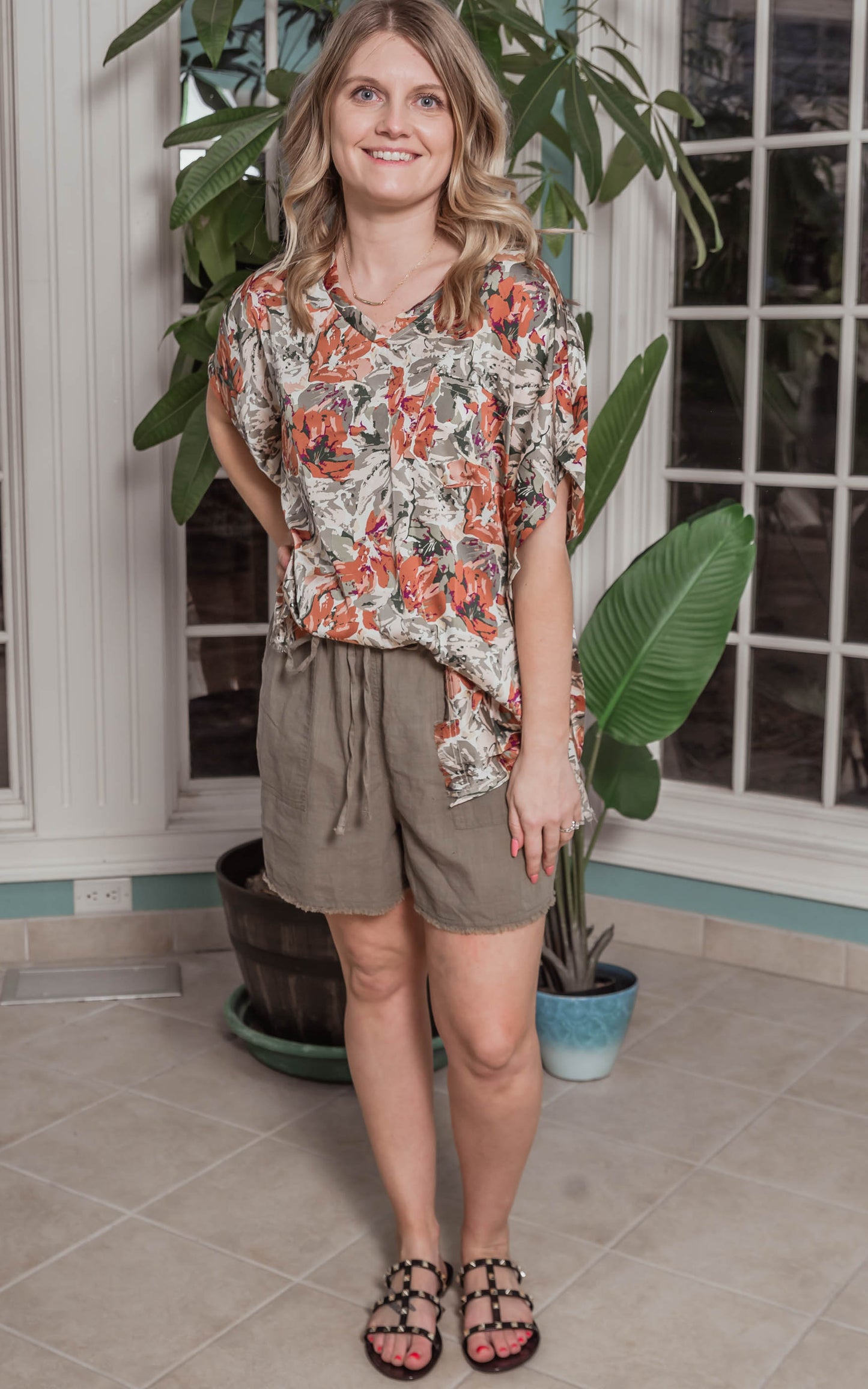 olive floral blouse