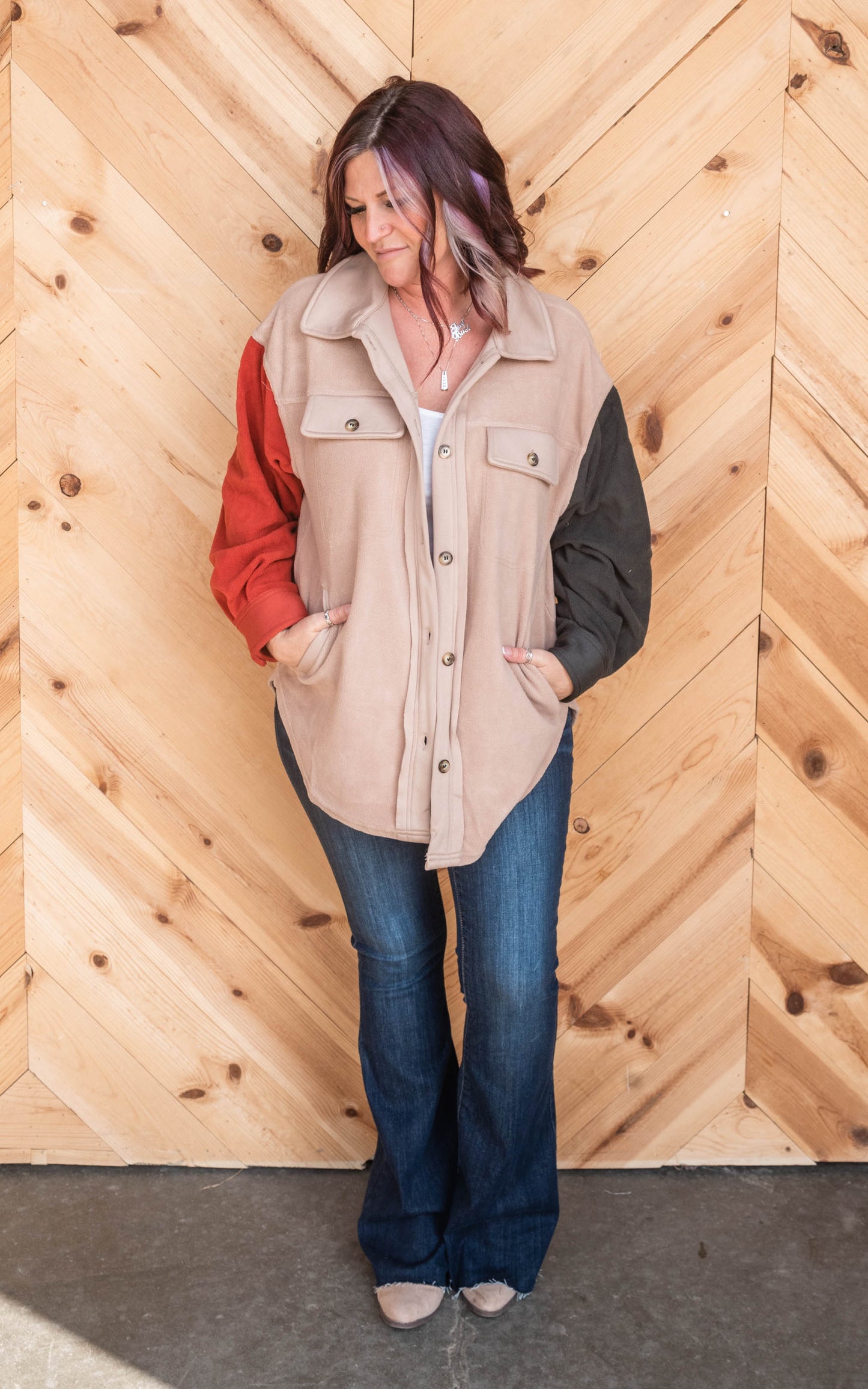 colorblock fleece shacket
