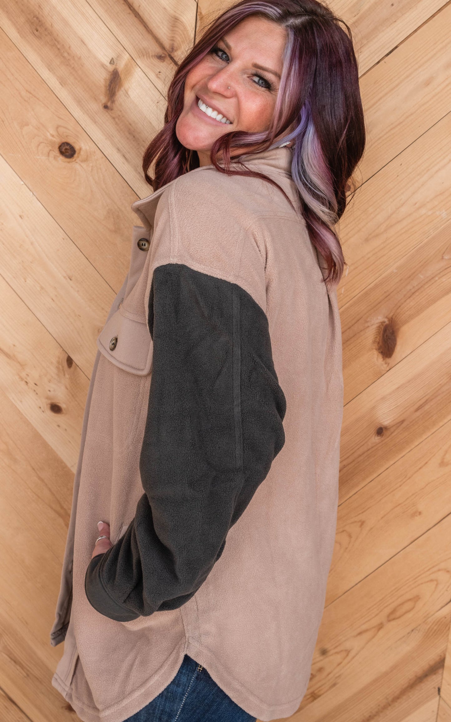 taupe olive rust colorblock shacket