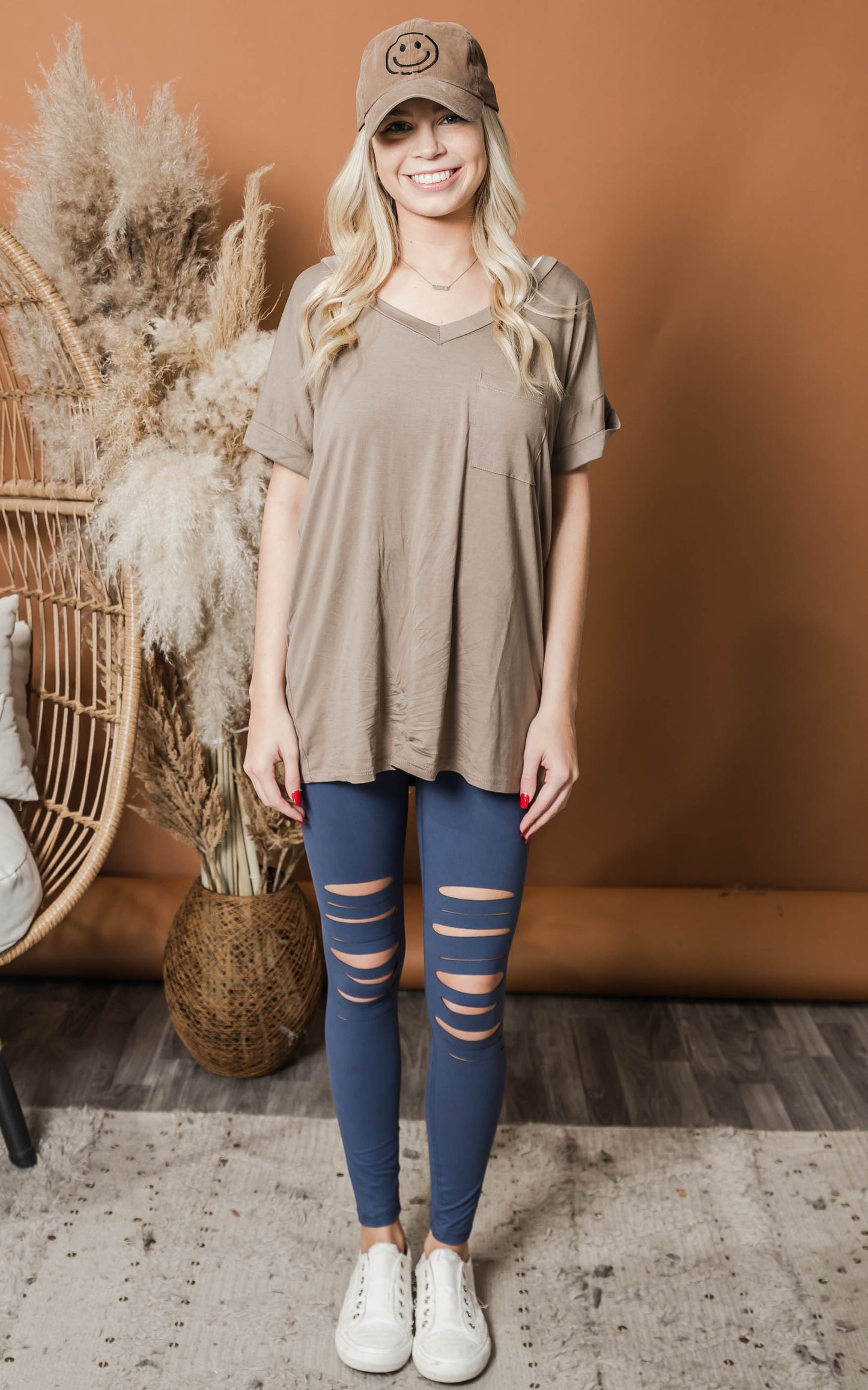 v-neck taupe top