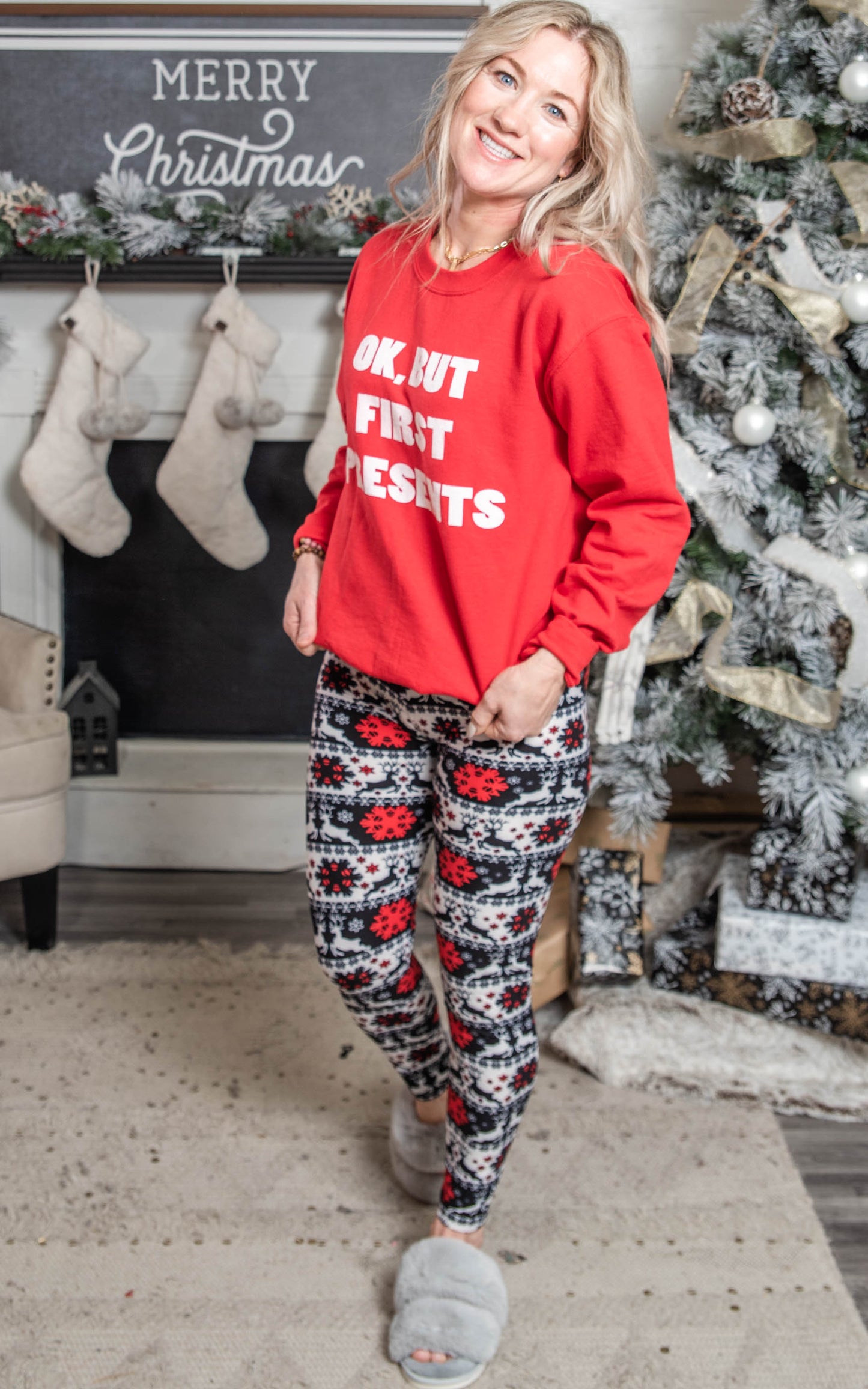 OK, But First Presents Sweatshirt - Red* - Final Sale