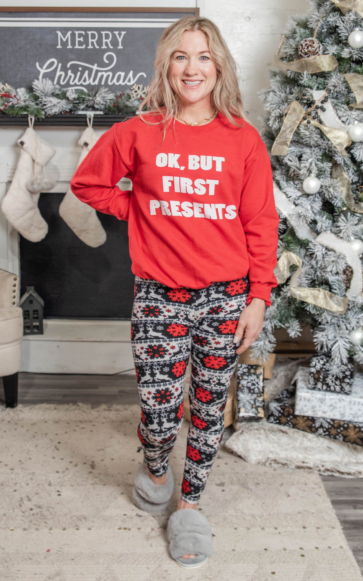 OK, But First Presents Sweatshirt - Red* - Final Sale