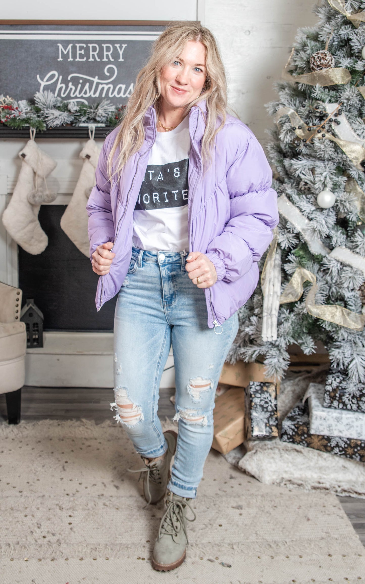 Long Sleeve Fluffy Puffer Jacket | Lavender - Final Sale
