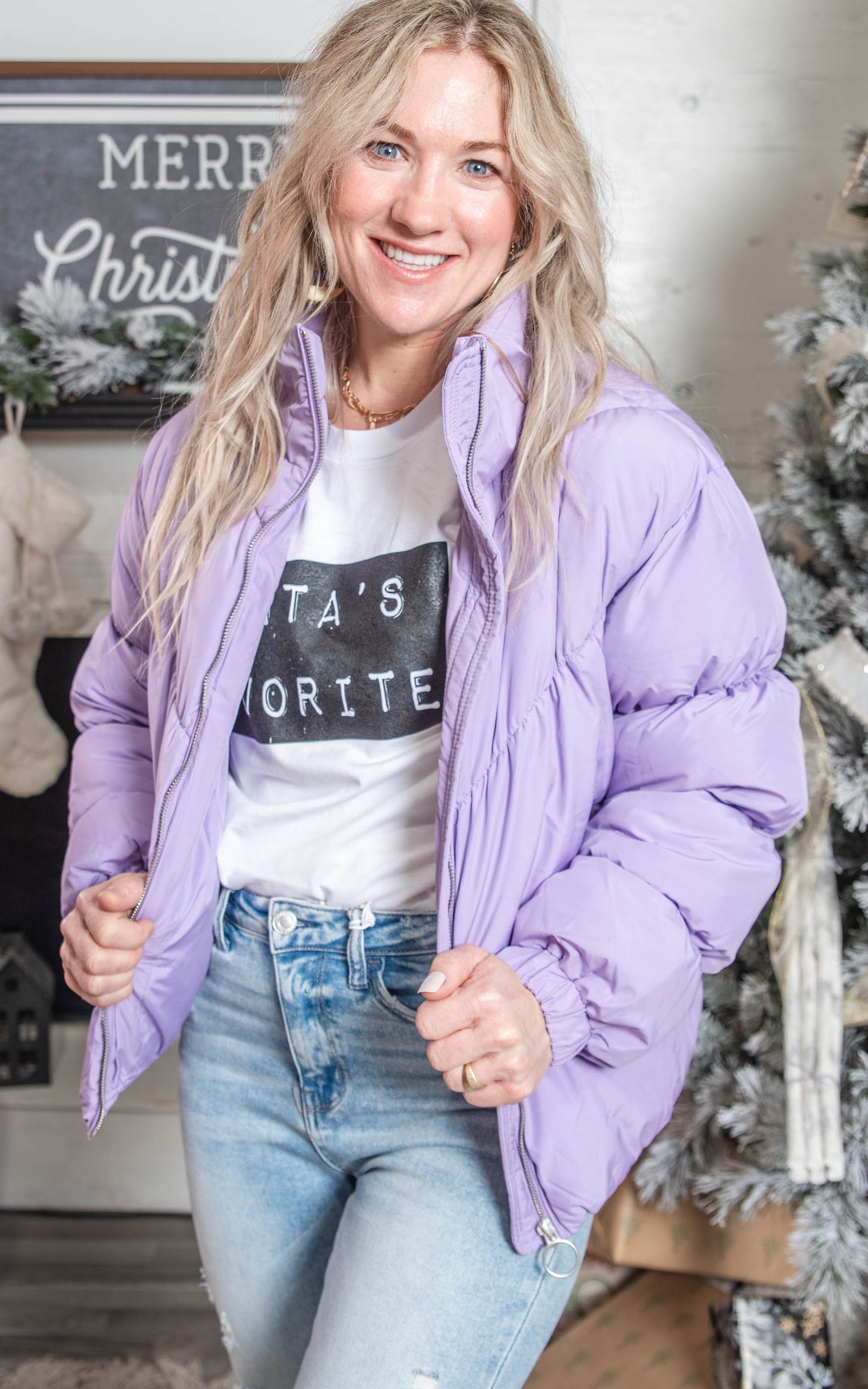 Long Sleeve Fluffy Puffer Jacket | Lavender - Final Sale