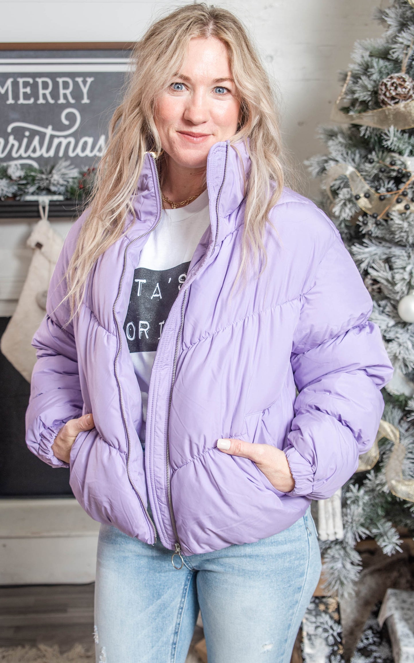 Long Sleeve Fluffy Puffer Jacket | Lavender - Final Sale