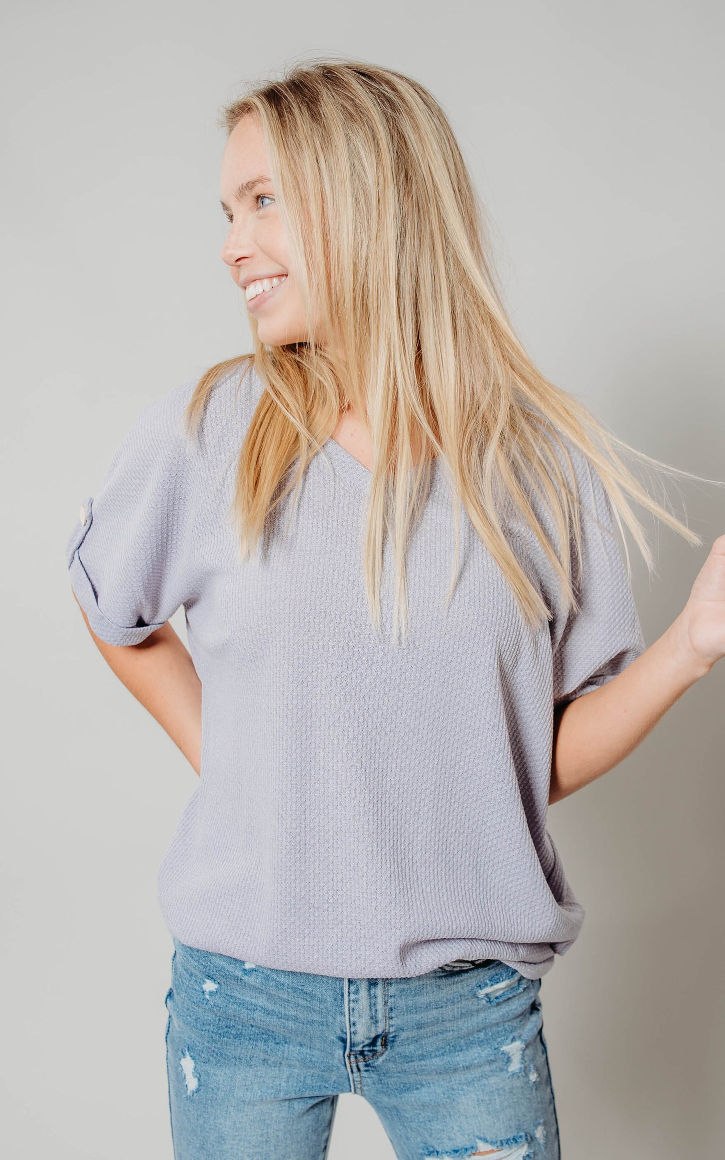 lavender textured short sleeve top