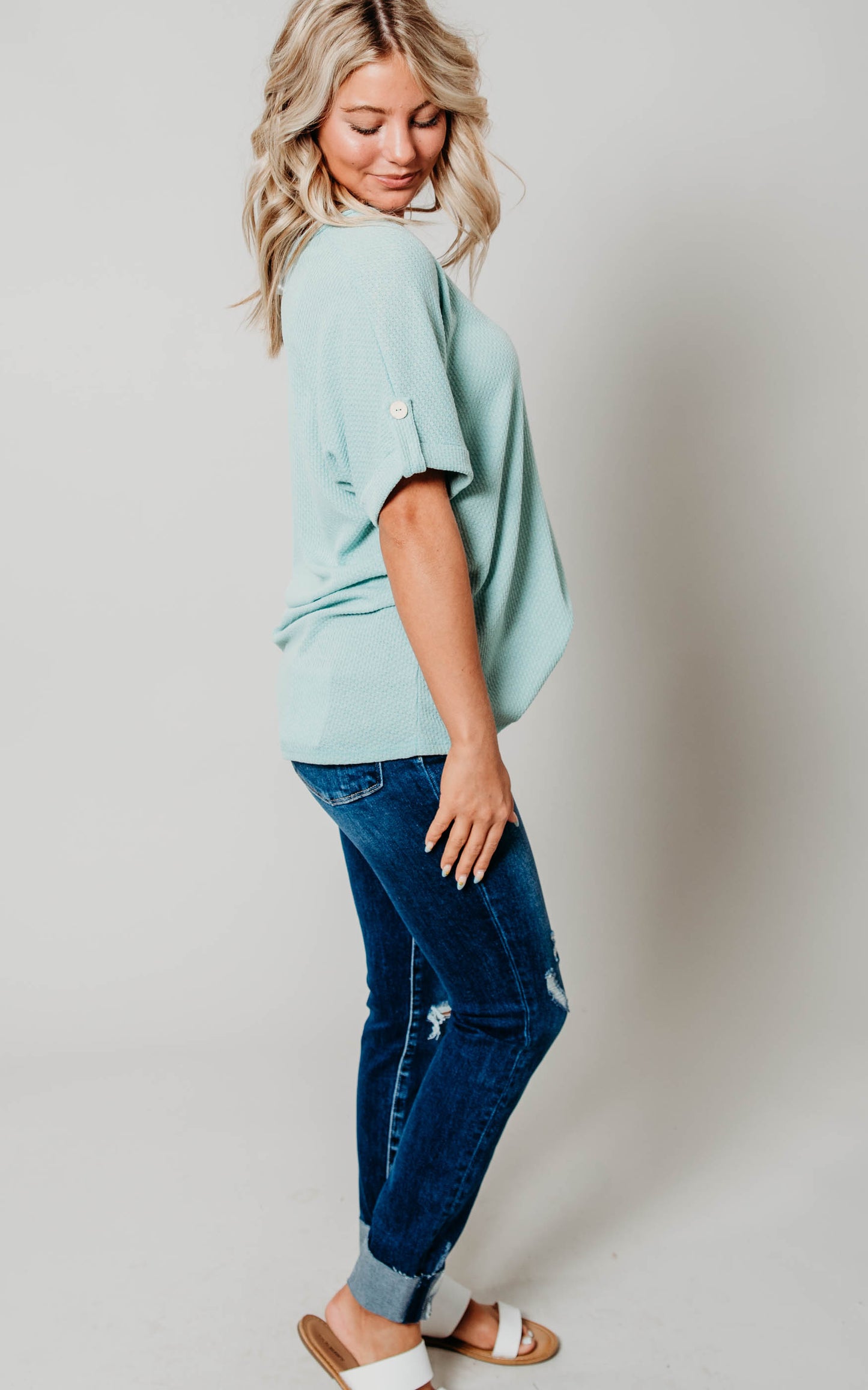 mint button sleeve tops