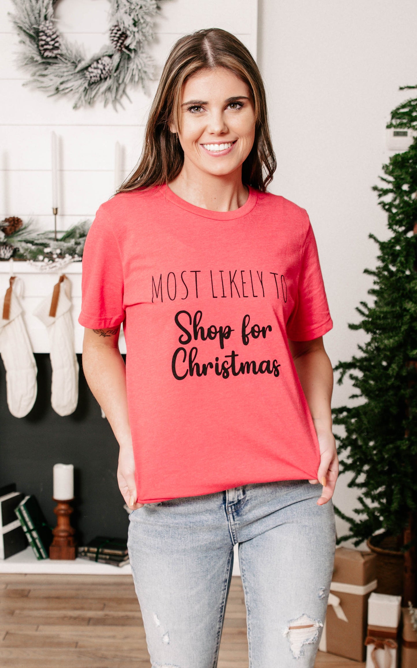 christmas shopping red tee