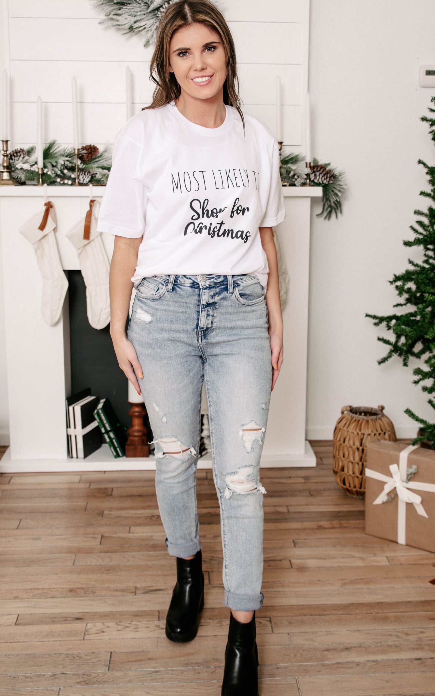 christmas shopping white tee