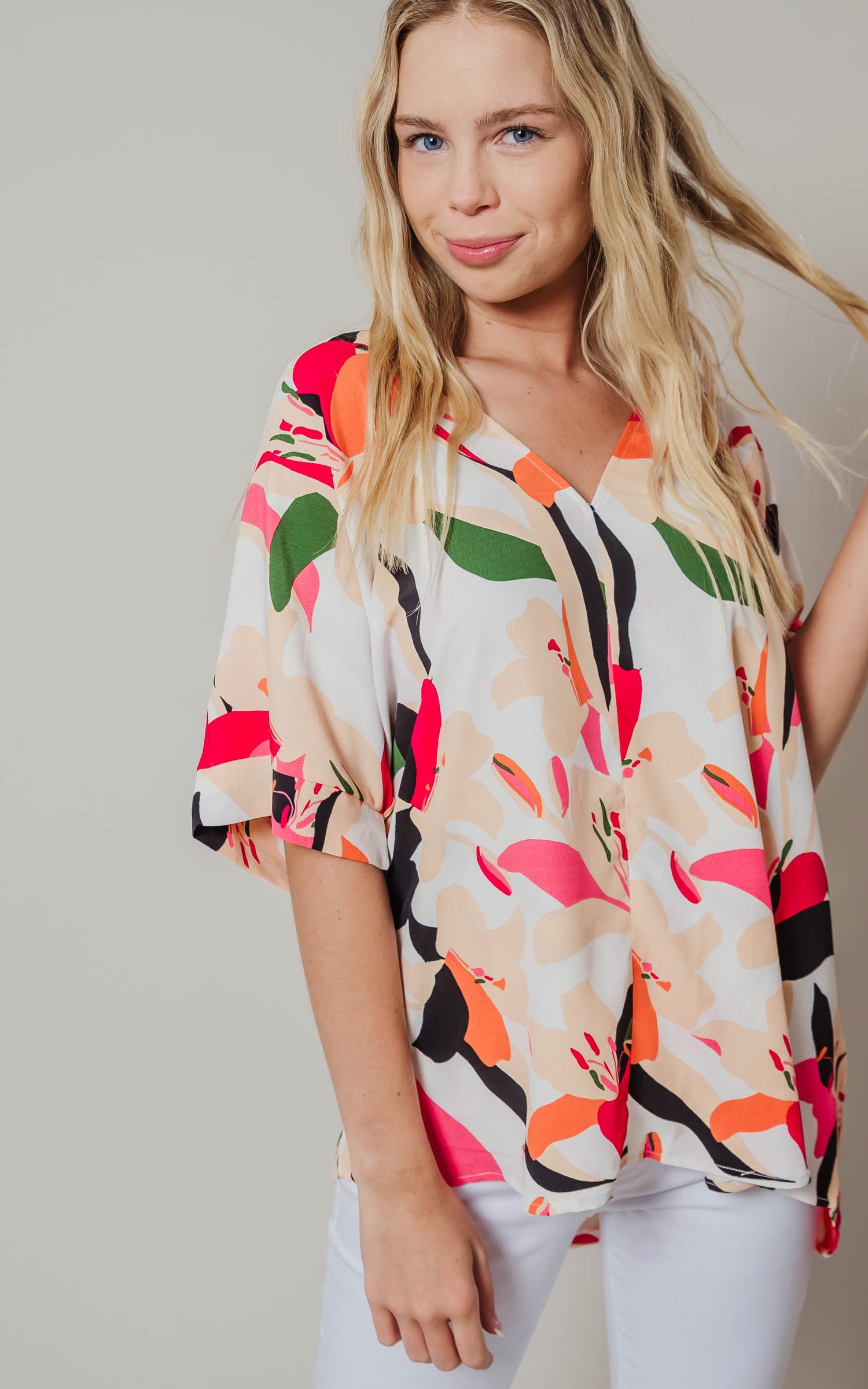abstract floral v-neck top