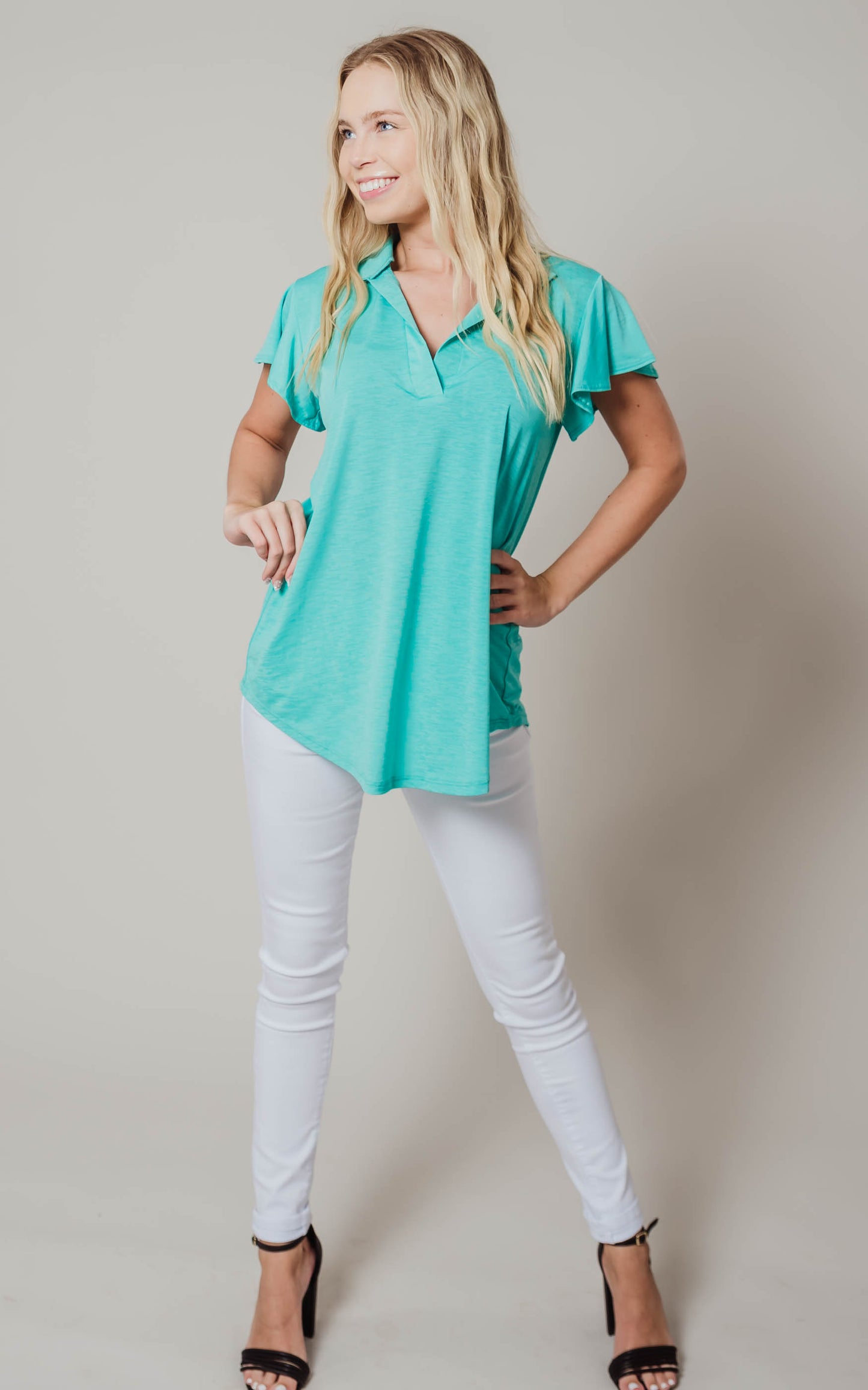 heimish teal blouse