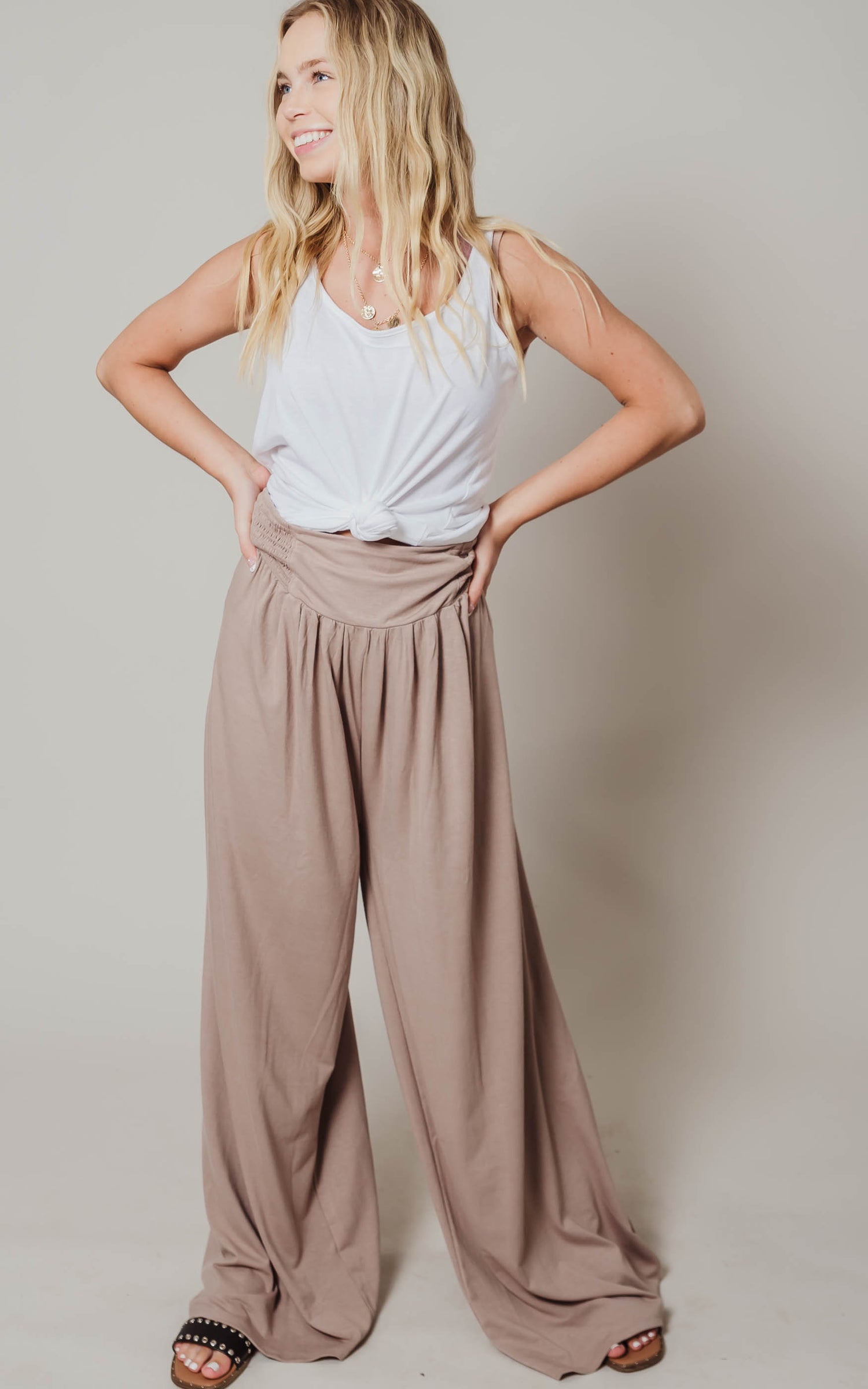 tan wide leg pants
