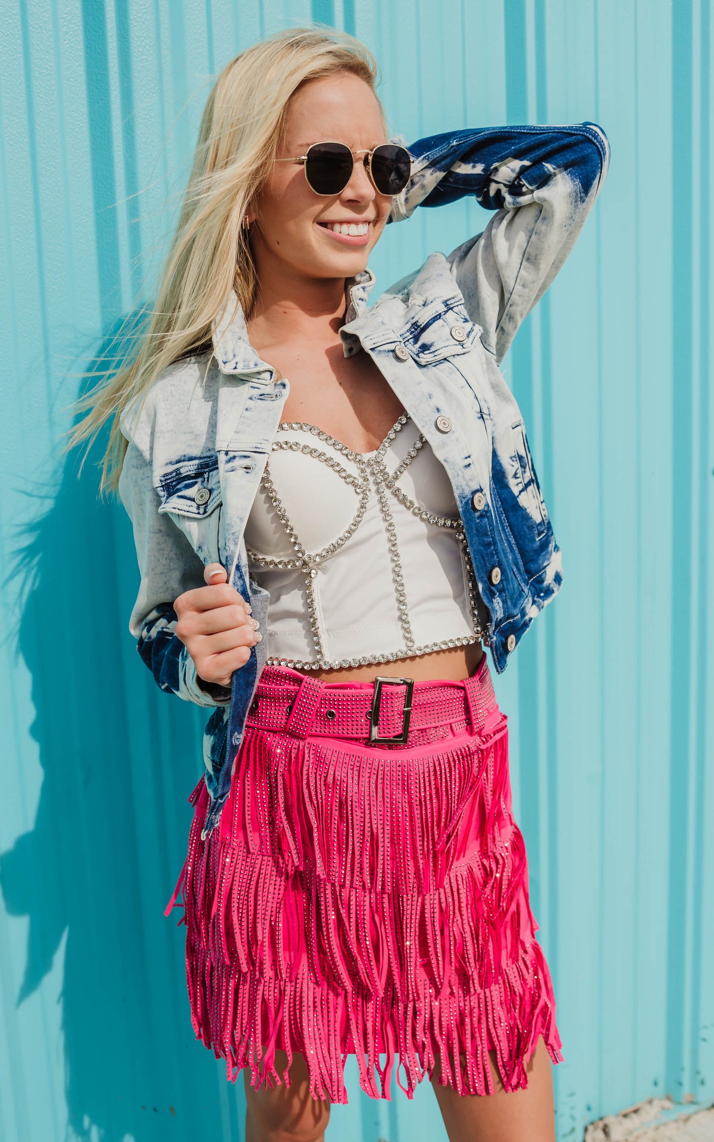 pink fringe suede skirt for summer