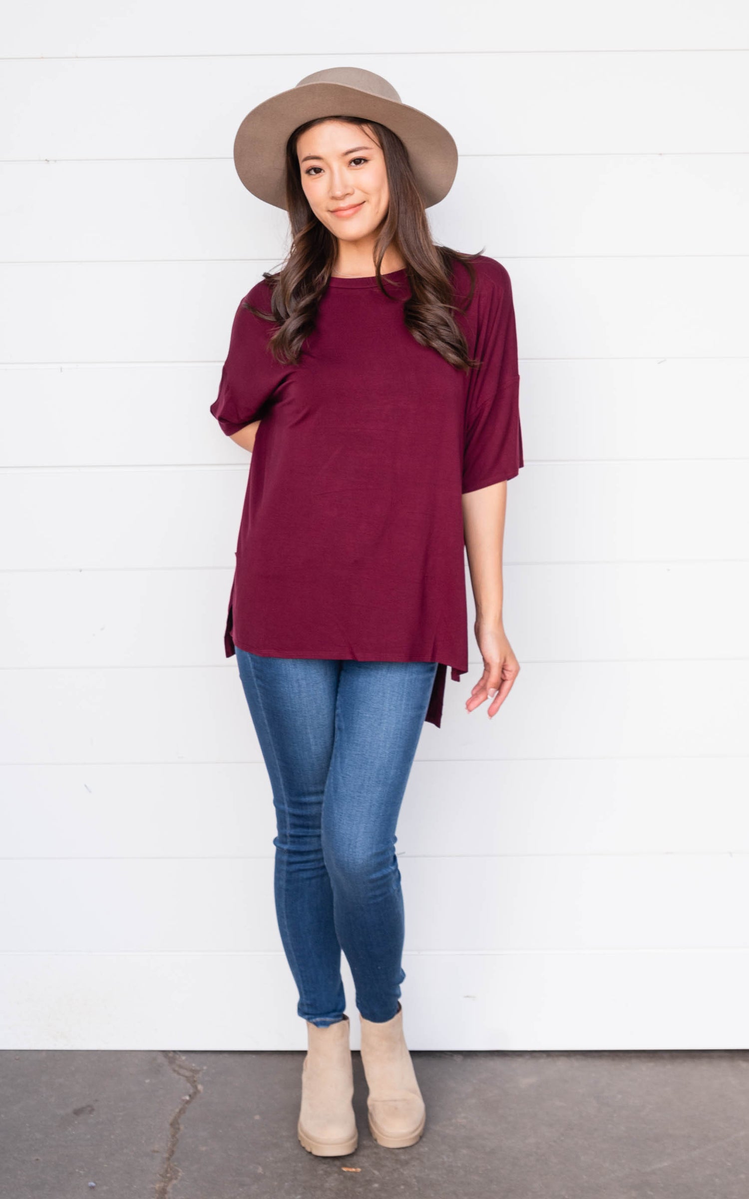 dark burgundy short sleeve dolman tee