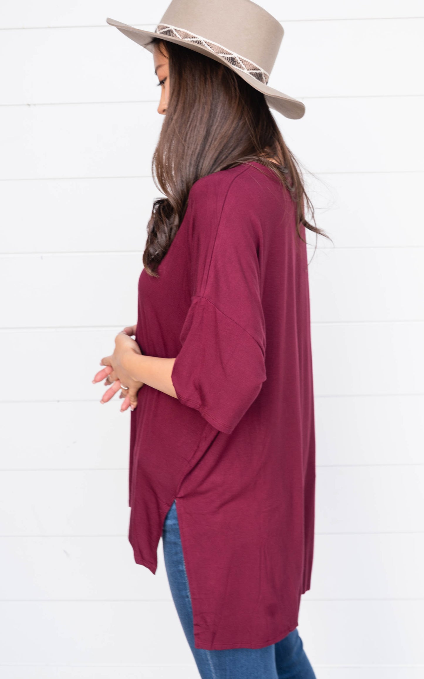 burgundy high low tee