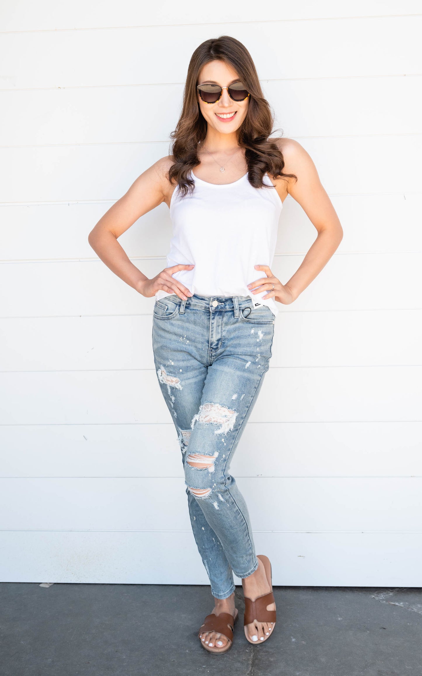mid rise lace patch skinny jeans