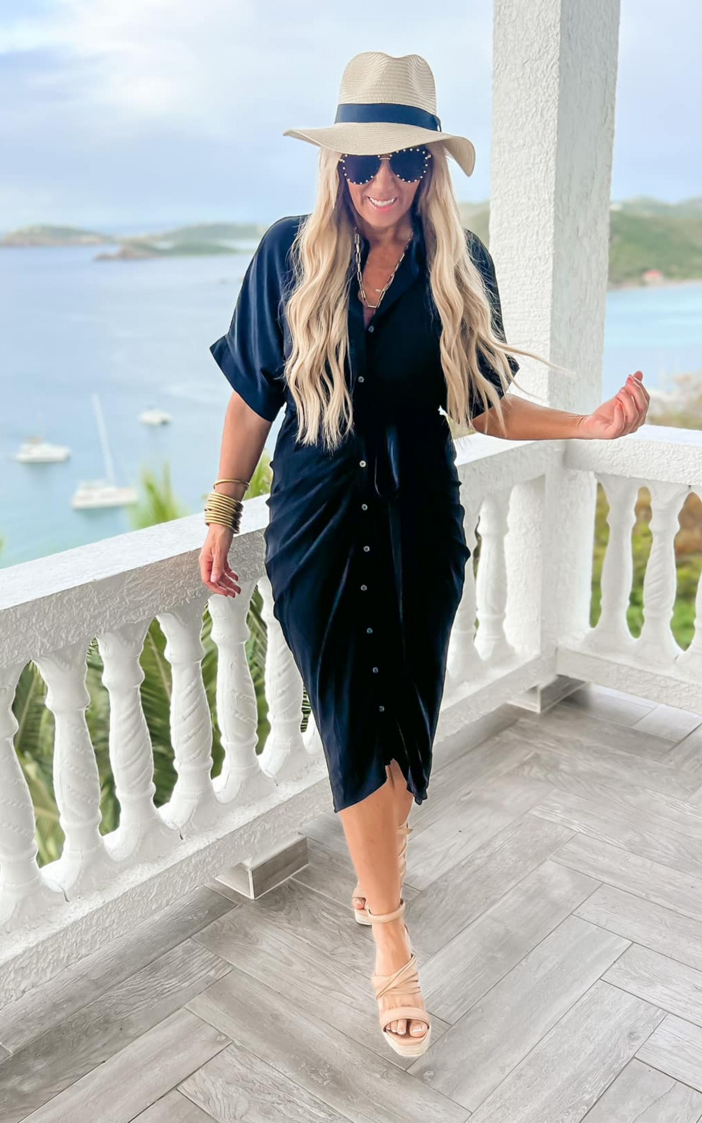 WHITE BIRCH BLACK FRONT TWIST MIDI DRESS