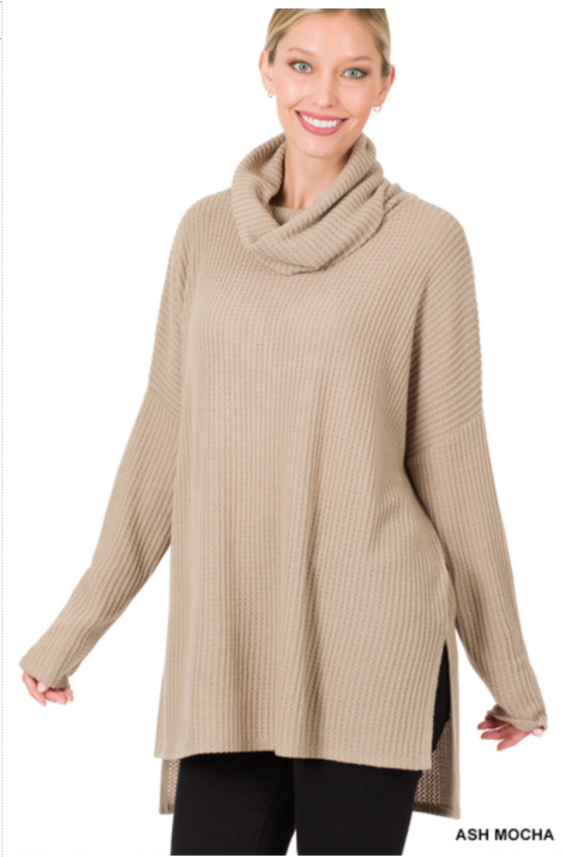 Ash mocha thermal waffle high low sweater