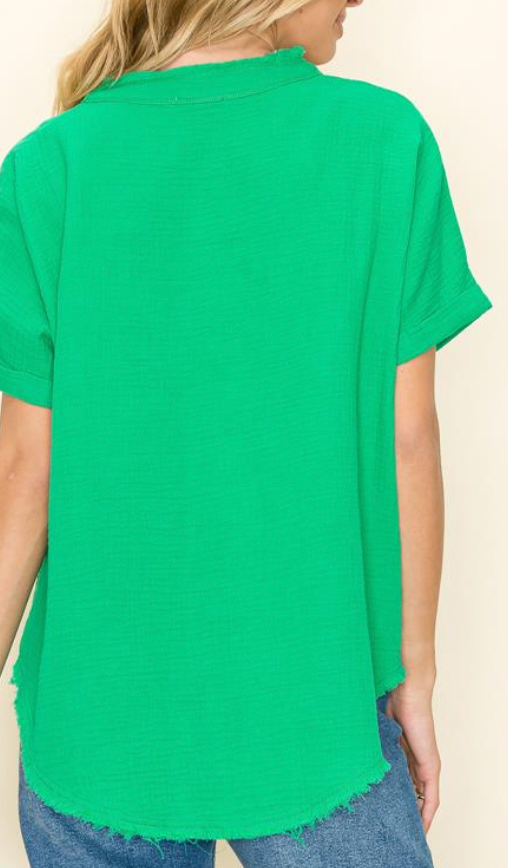 KELLY GREEN Distressed Gauze Button Up Top