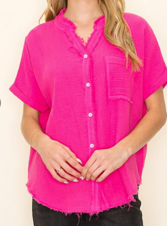 FUCHSIA Distressed Gauze Button Up Top