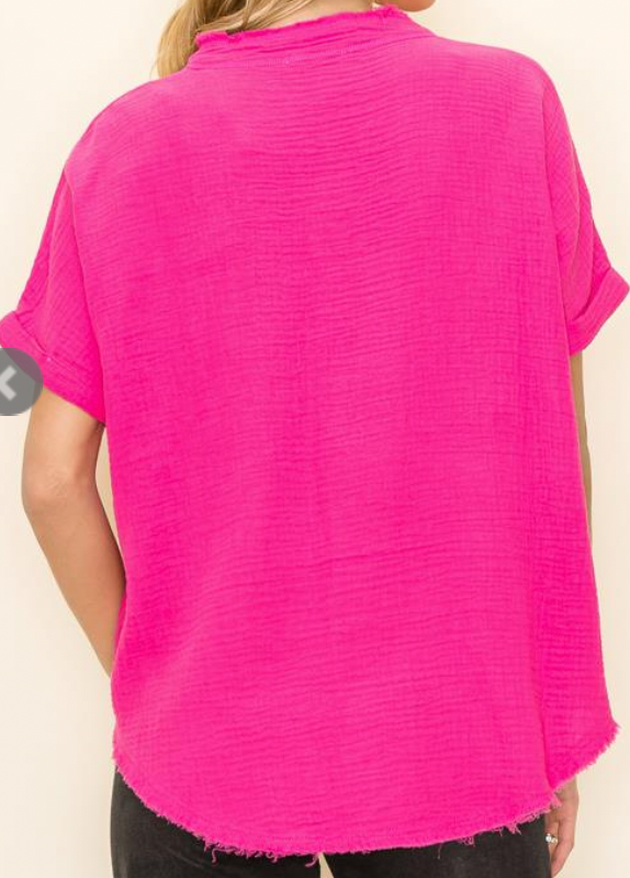 FUCHSIA Distressed Gauze Button Up Top