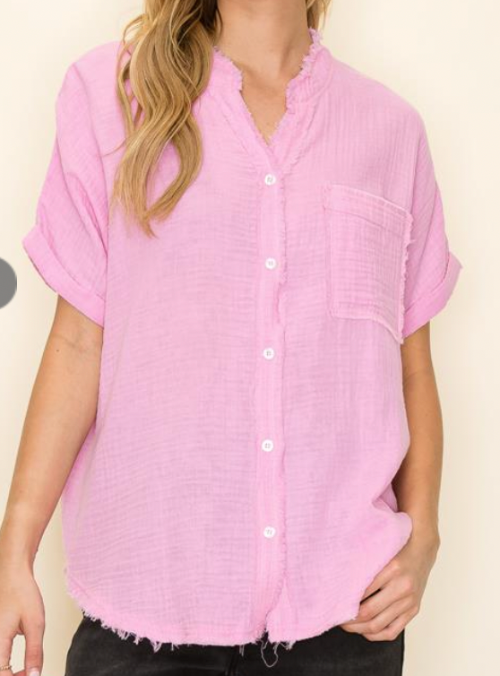 PINK Distressed Gauze Button Up Top