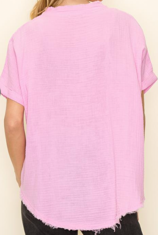 PINK Distressed Gauze Button Up Top