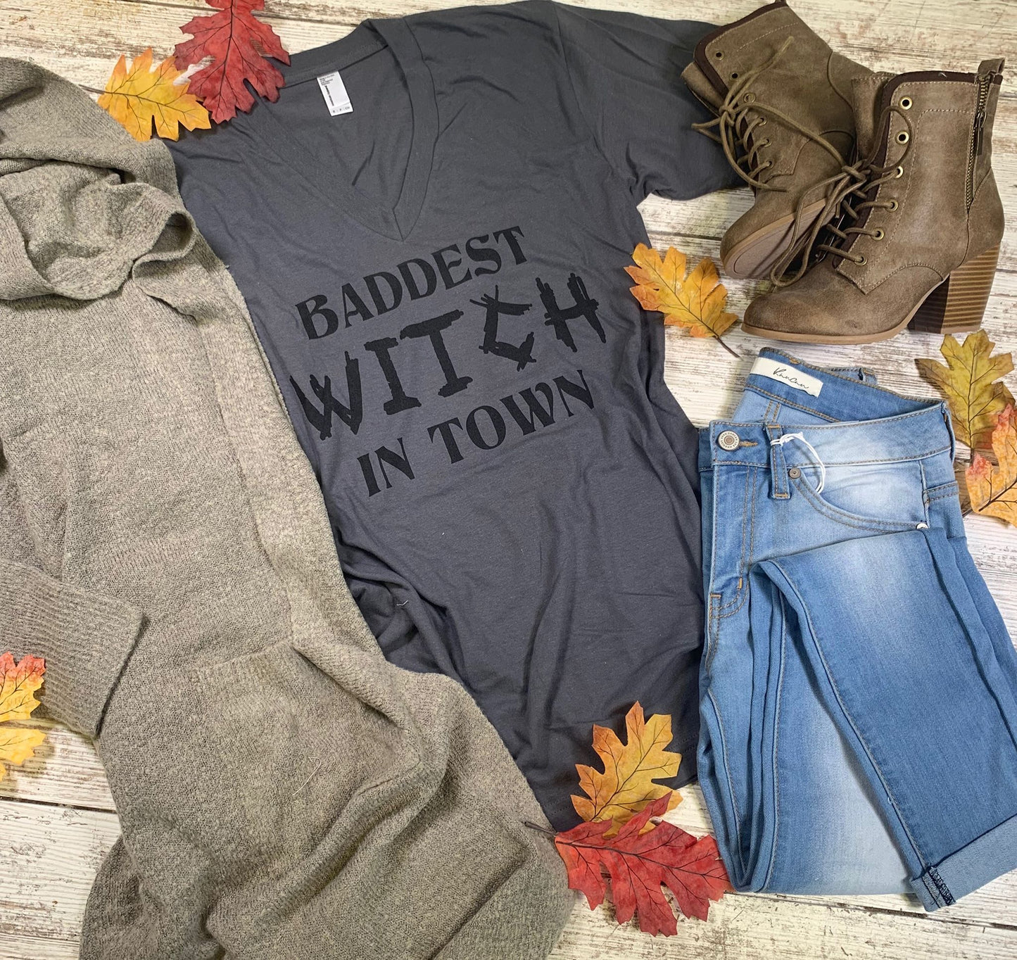 Baddest Witch in Town - V-Neck Gray Tee - BAD HABIT BOUTIQUE