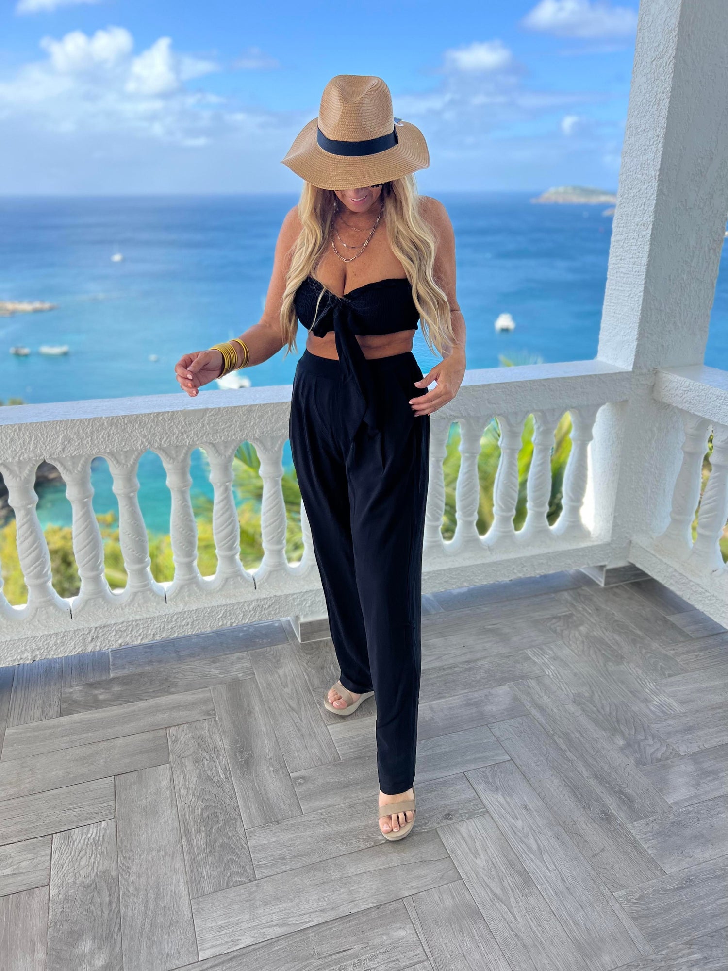 Black TOP SMOCKED WITH TIE and Pant -