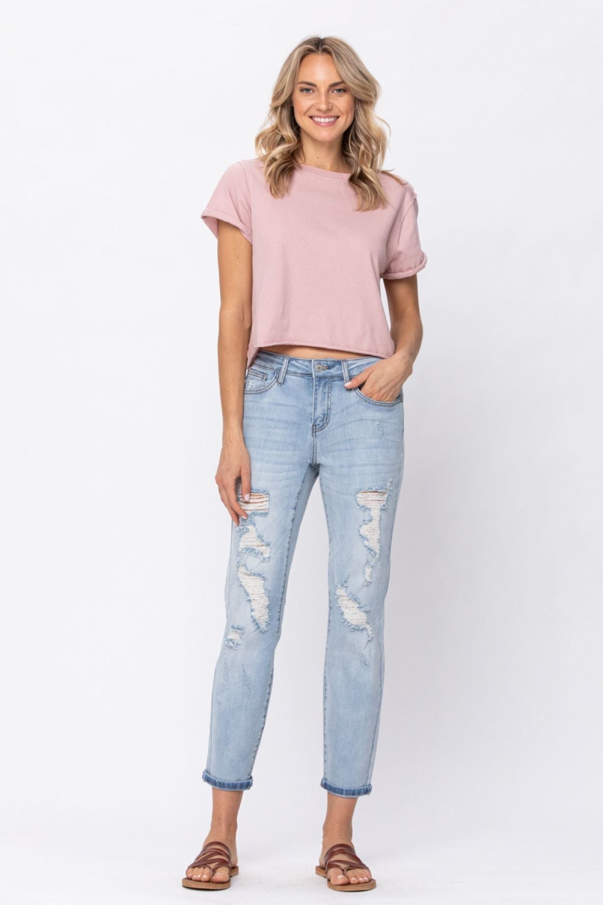 Judy Blue Full Size Destroyed Mid-Rise Boyfriend Jeans